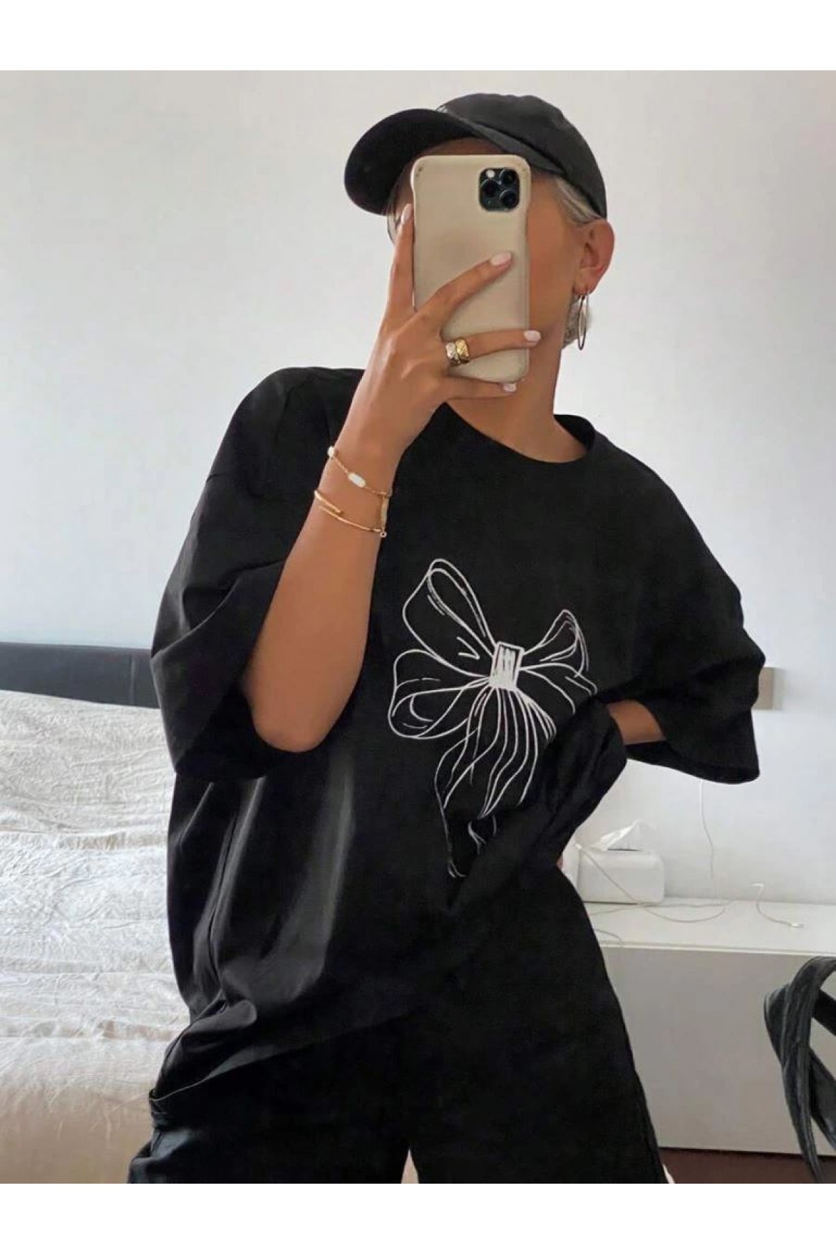 Kadın Fiyonk Baskılı T-Shirt Kısa Kol Bisiklet Yaka Oversize Tişört - Siyah