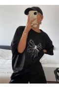 Kadın Fiyonk Baskılı T-Shirt Kısa Kol Bisiklet Yaka Oversize Tişört - Siyah