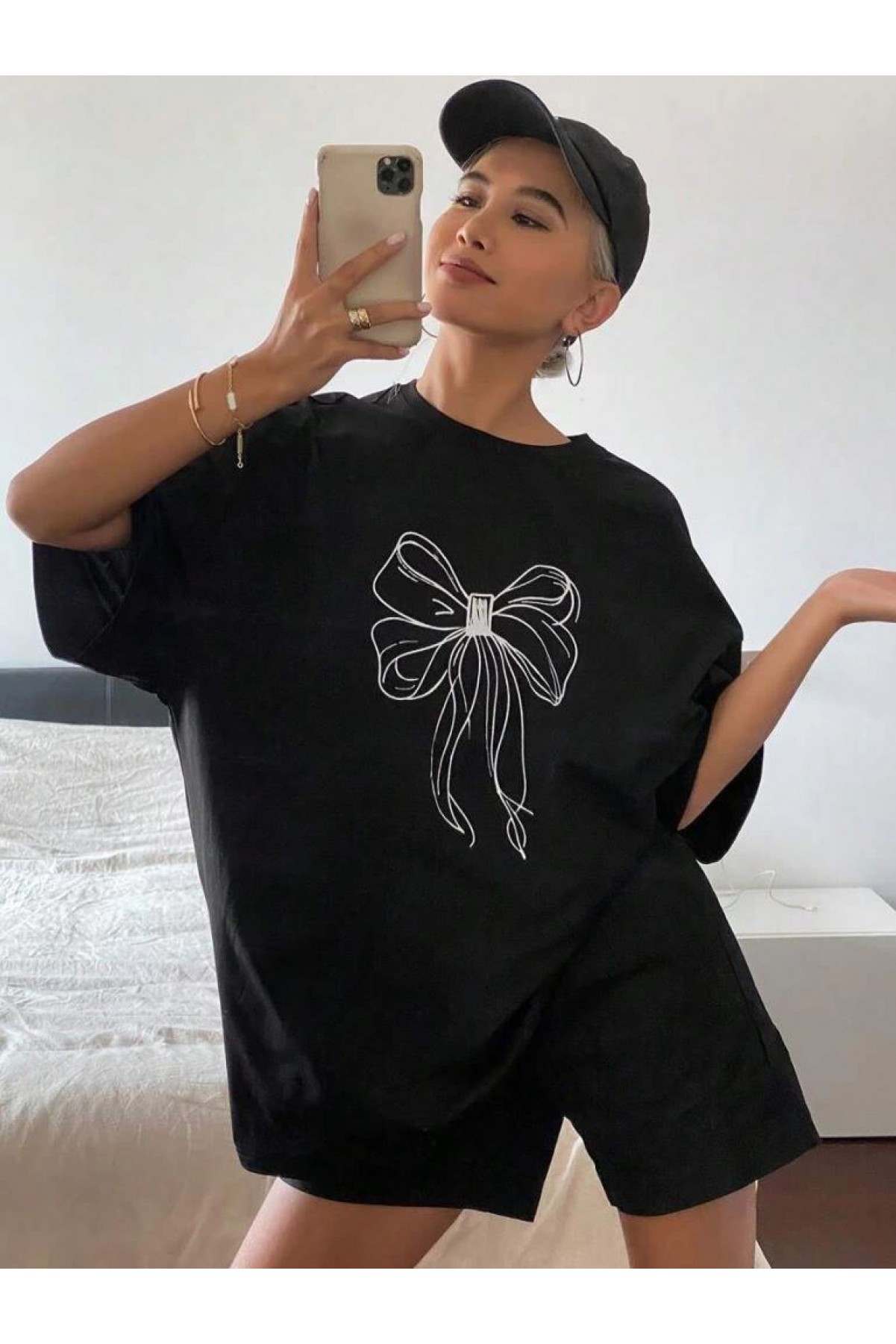 Kadın Fiyonk Baskılı T-Shirt Kısa Kol Bisiklet Yaka Oversize Tişört - Siyah