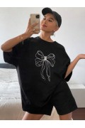 Kadın Fiyonk Baskılı T-Shirt Kısa Kol Bisiklet Yaka Oversize Tişört - Siyah