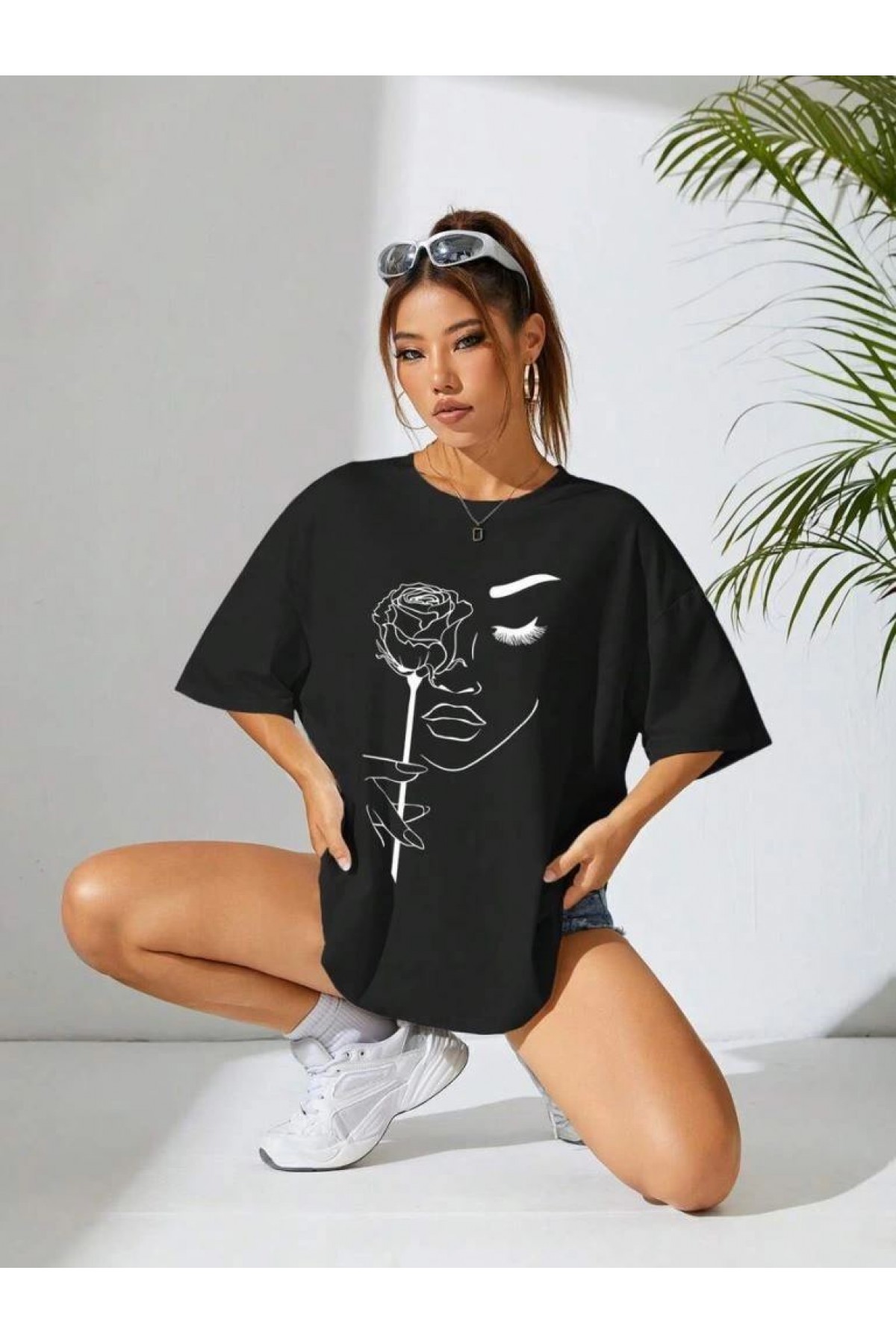 Kadın Tişört Baskılı Kısa kol Oversize T-shirt - Siyah