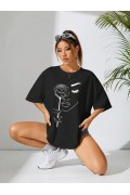 Kadın Tişört Baskılı Kısa kol Oversize T-shirt - Siyah