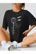 Kadın Tişört Baskılı Kısa kol Oversize T-shirt - Siyah