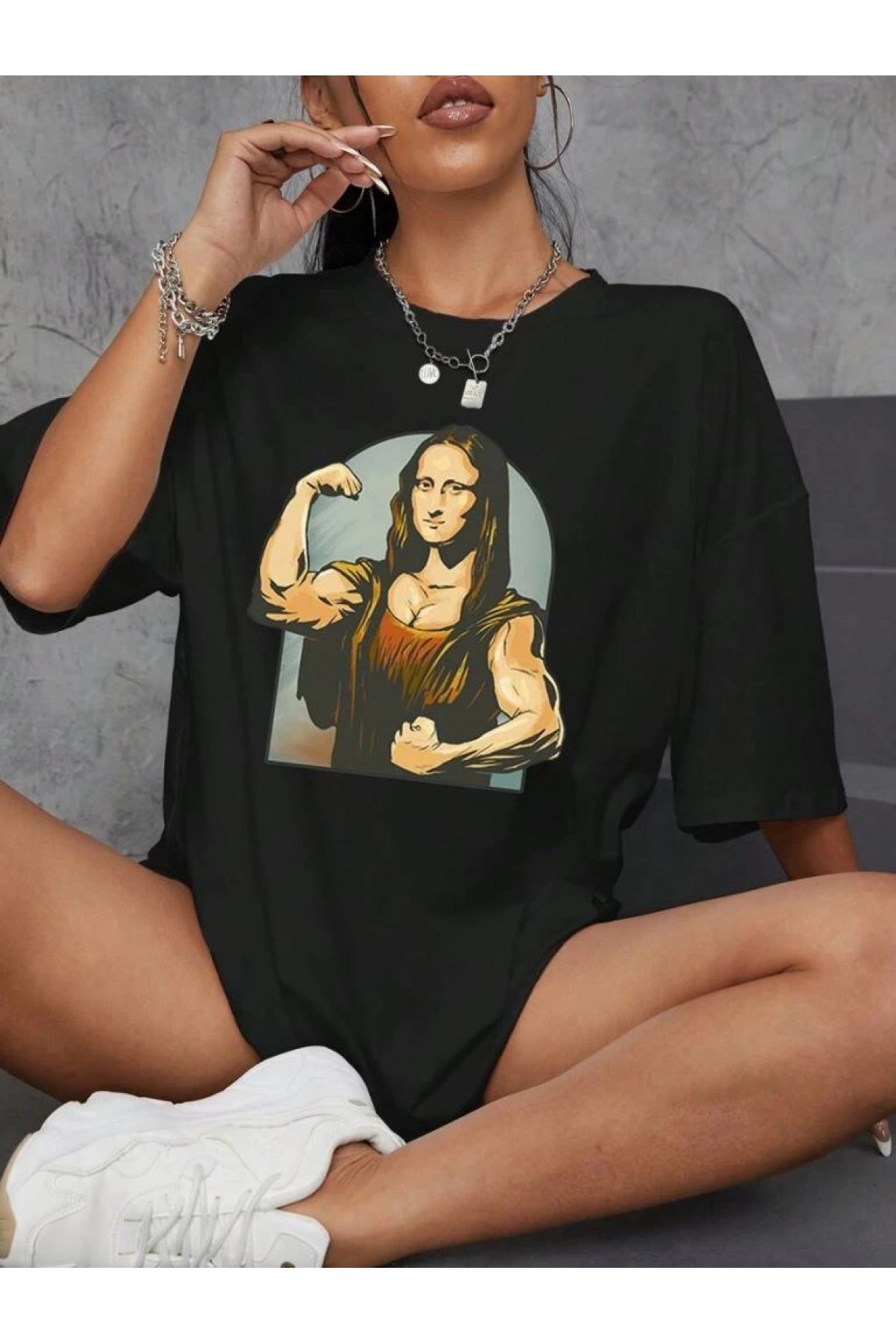 Kadın Baskılı T-Shirt Kısa Kol Bisiklet Yaka Oversize Rahat Kalıp Tişört - Siyah