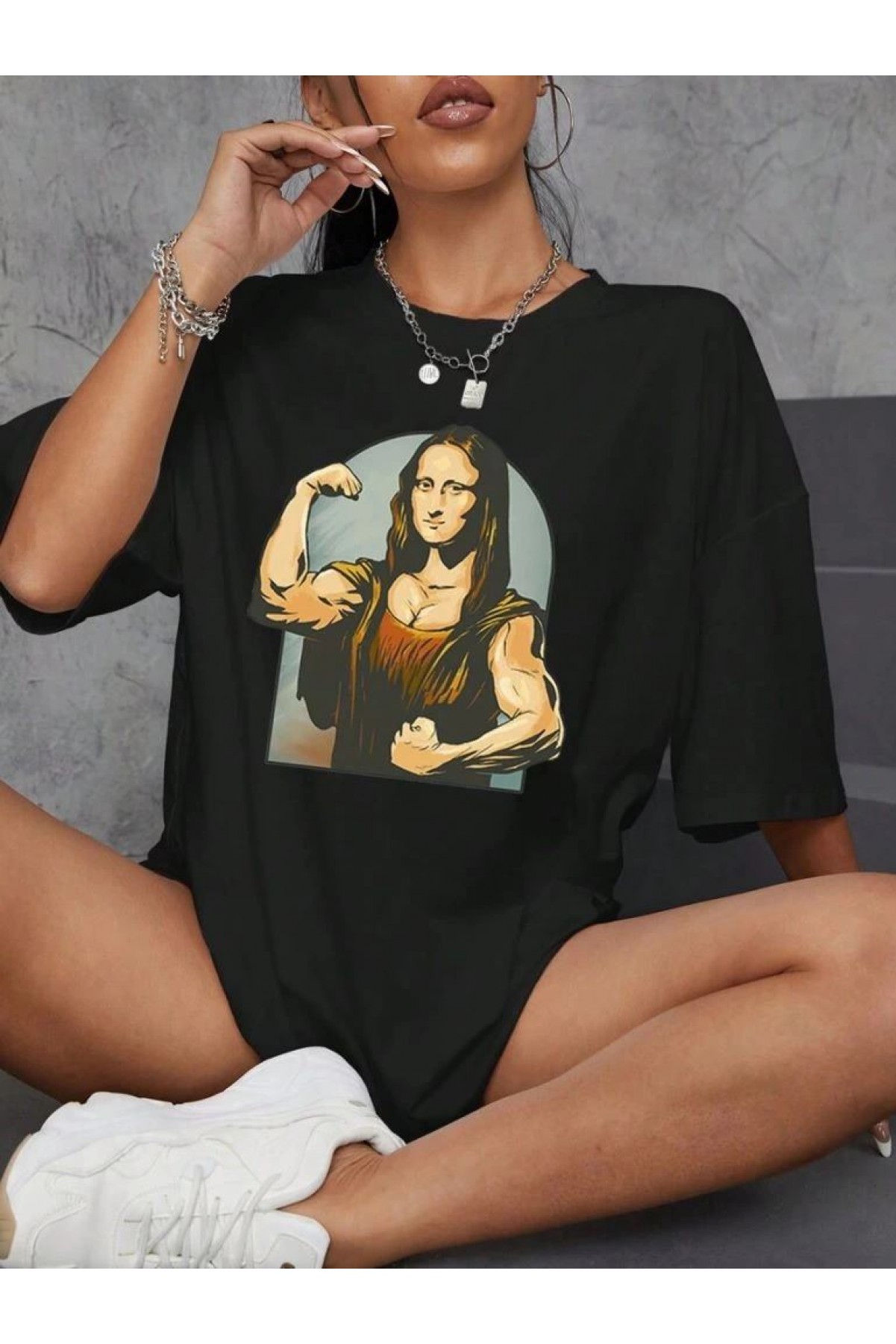Kadın Baskılı T-Shirt Kısa Kol Bisiklet Yaka Oversize Rahat Kalıp Tişört - Siyah