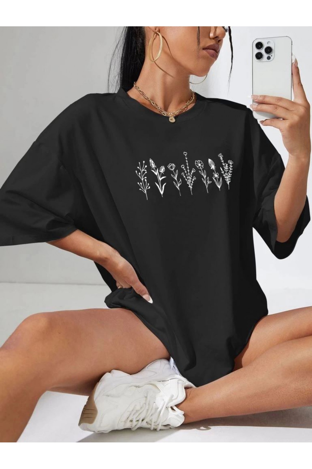 Kadın Baskılı T-Shirt Kısa Kol Bisiklet Yaka Oversize Rahat Kalıp Tişört - Siyah