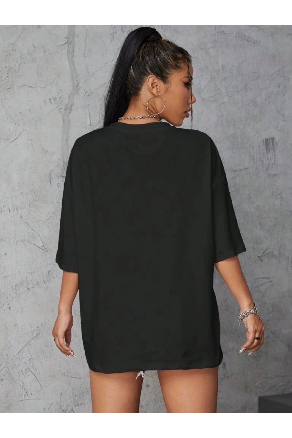 Kadın Baskılı T-Shirt Kısa Kol Bisiklet Yaka Oversize Rahat Kalıp Tişört - Siyah