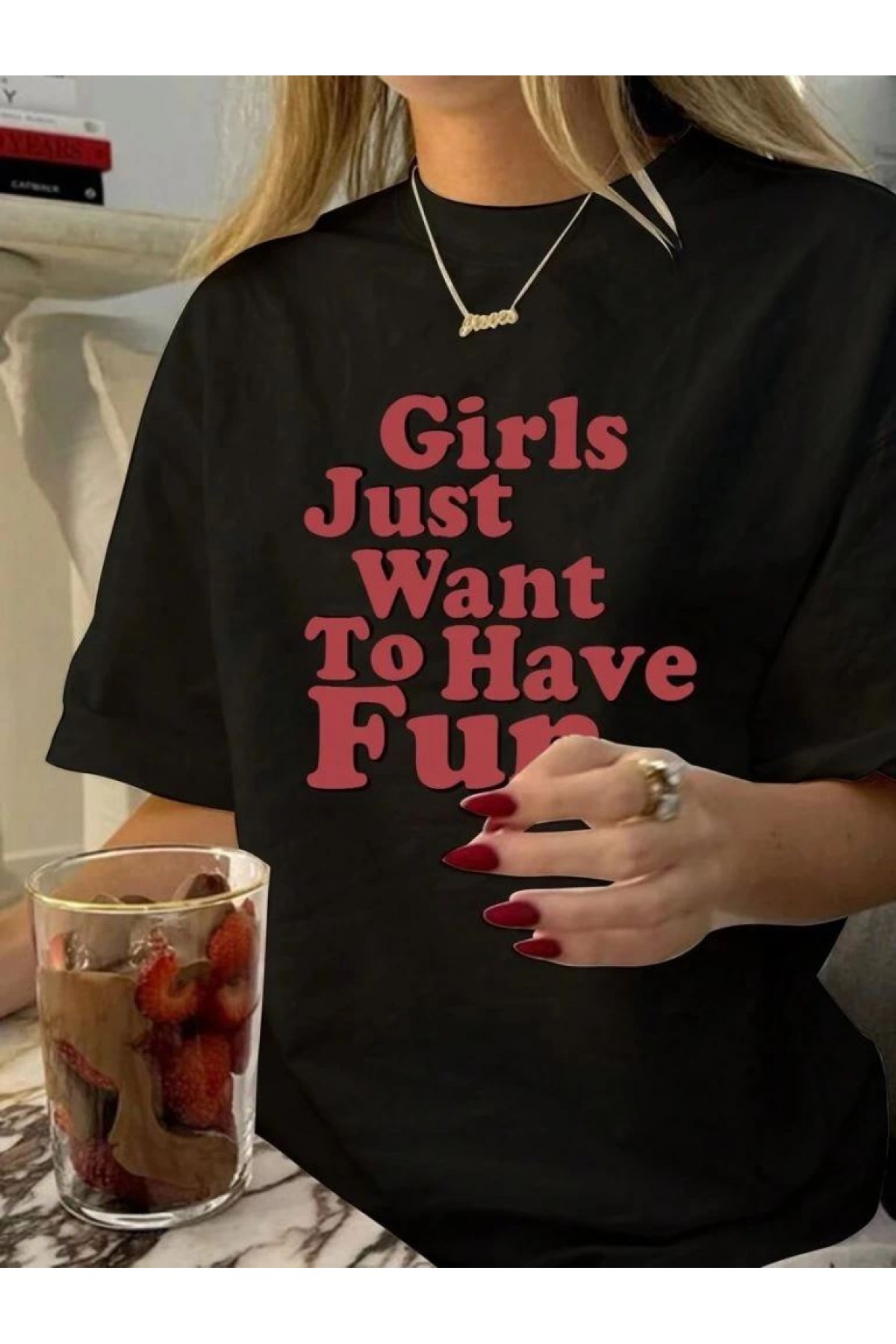 Kadın Baskılı Oversize Kısa kol T-shirt - Siyah