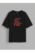 Kadın Baskılı Oversize Kısa kol T-shirt - Siyah