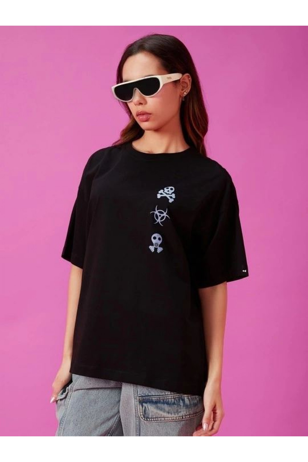 Kadın Kısa Kol Yazlık Tişört Bisiklet Yaka Baskılı Oversize T-Shirt - Siyah