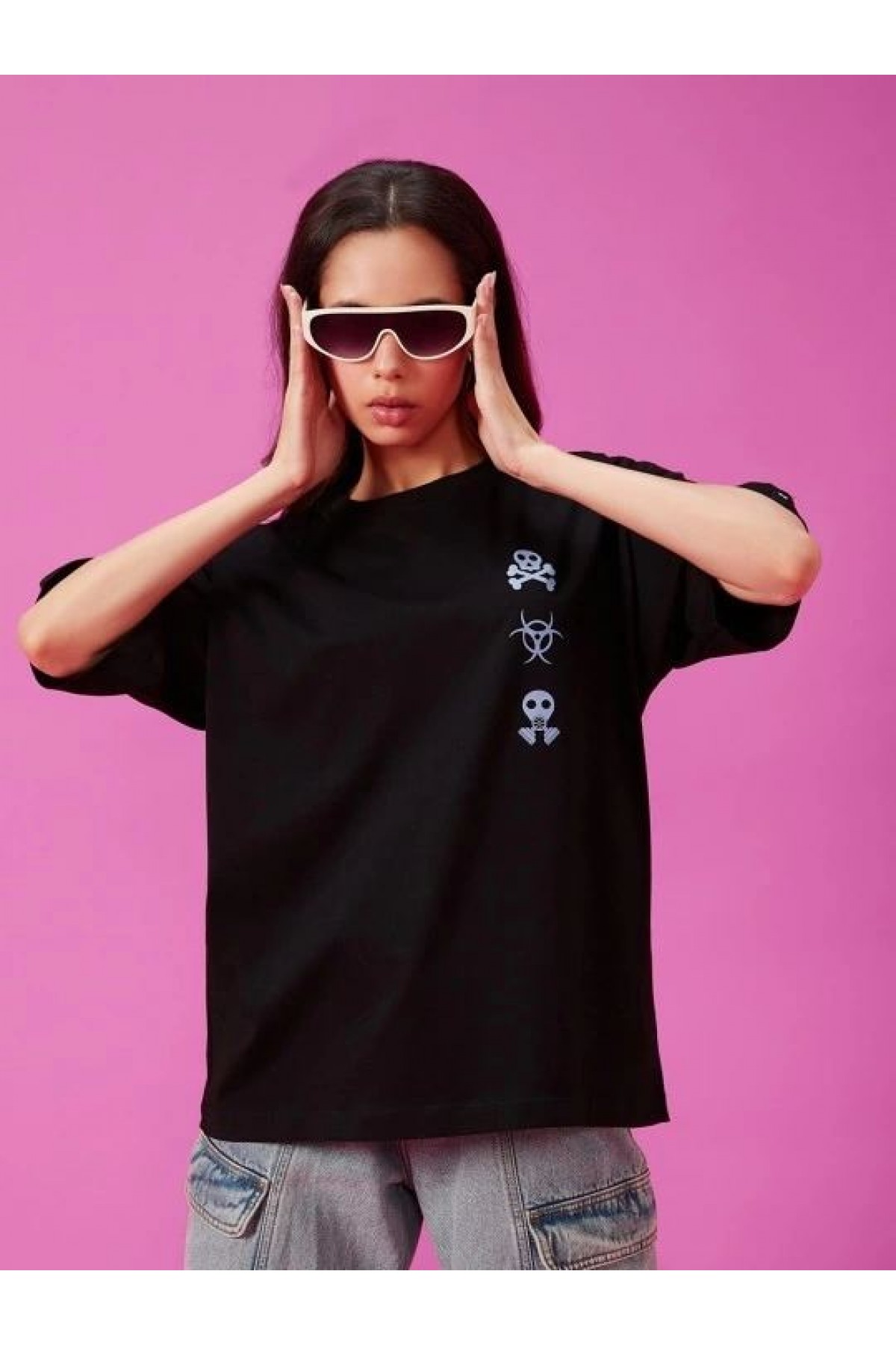 Kadın Kısa Kol Yazlık Tişört Bisiklet Yaka Baskılı Oversize T-Shirt - Siyah
