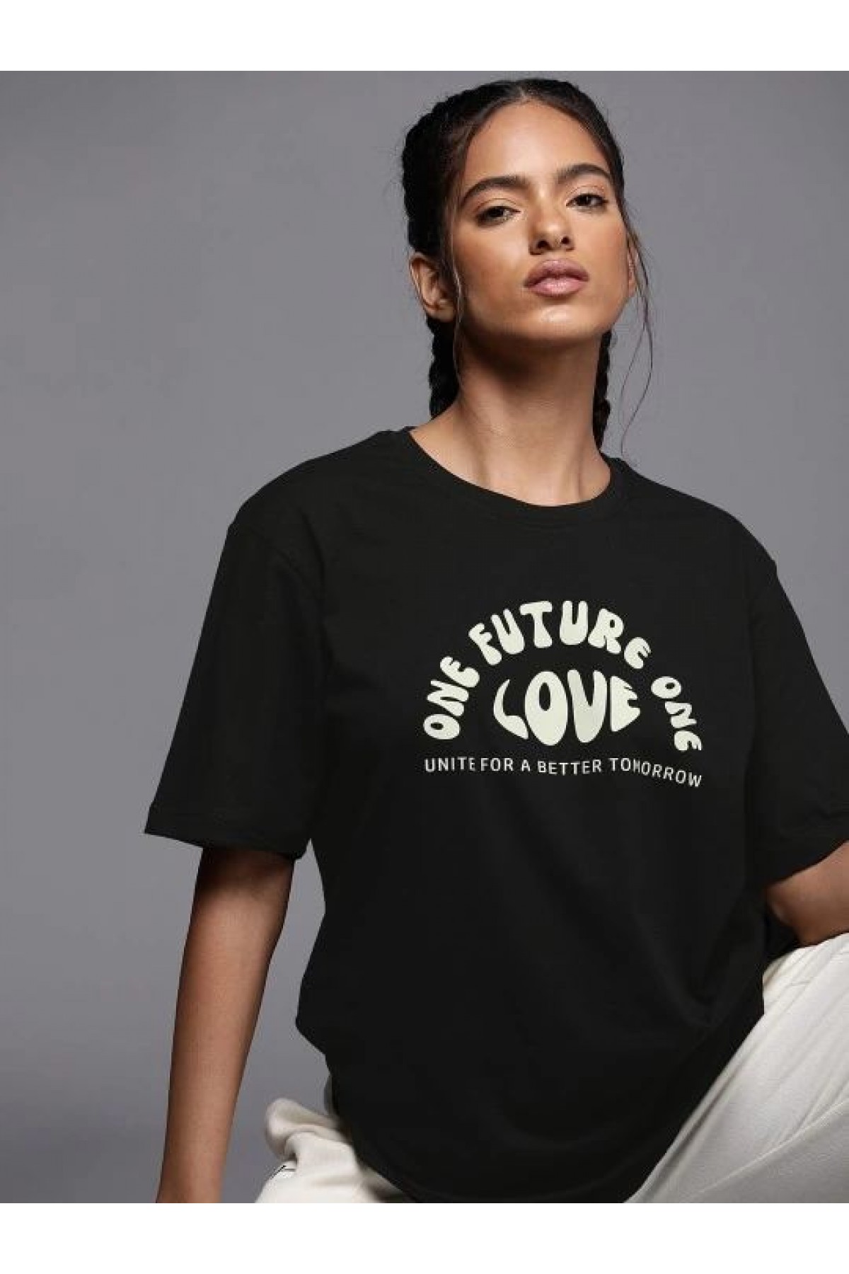 Kadın Baskılı T-Shirt Kısa Kol Bisiklet Yaka Oversize Rahat Kalıp Tişört - Siyah