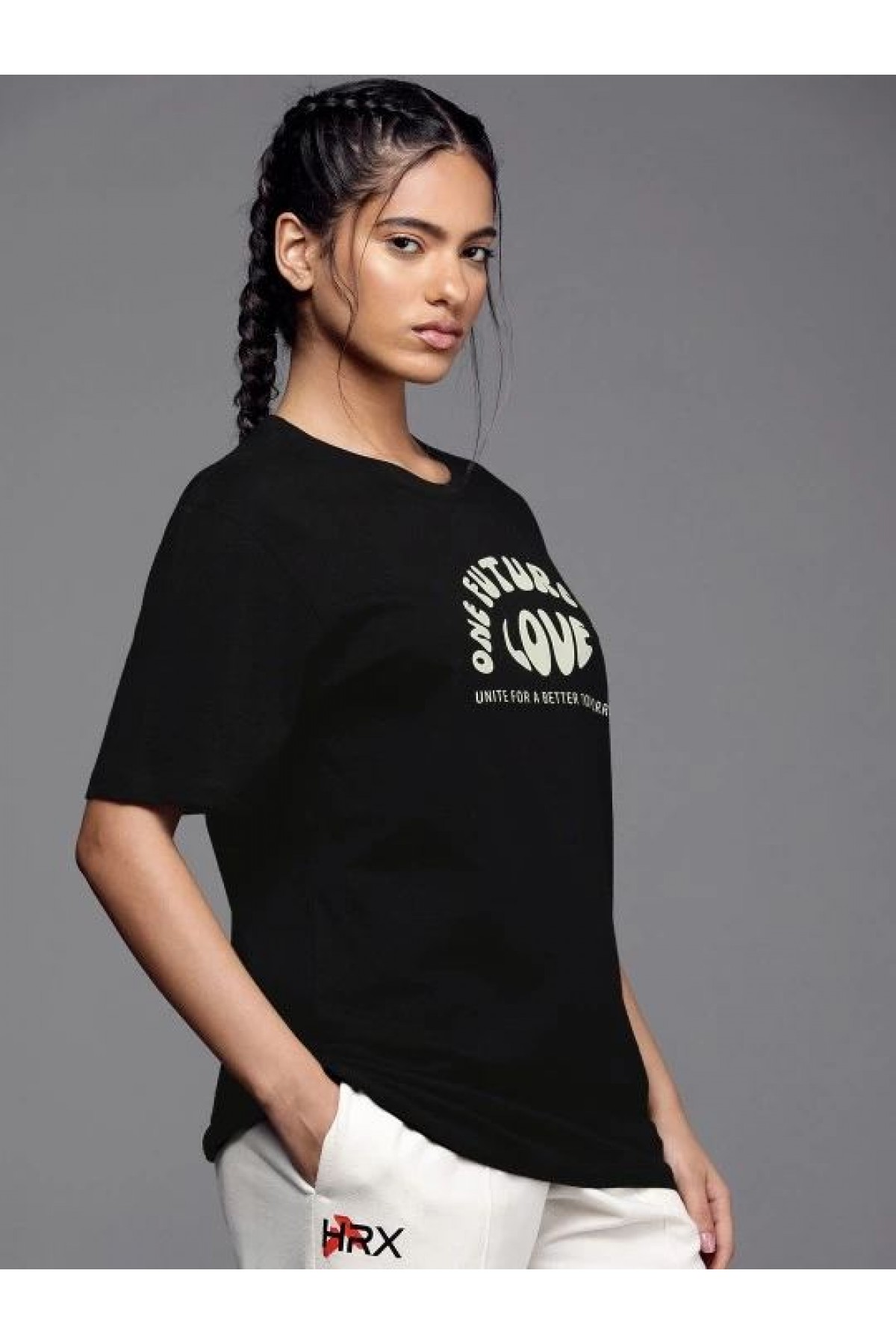 Kadın Baskılı T-Shirt Kısa Kol Bisiklet Yaka Oversize Rahat Kalıp Tişört - Siyah