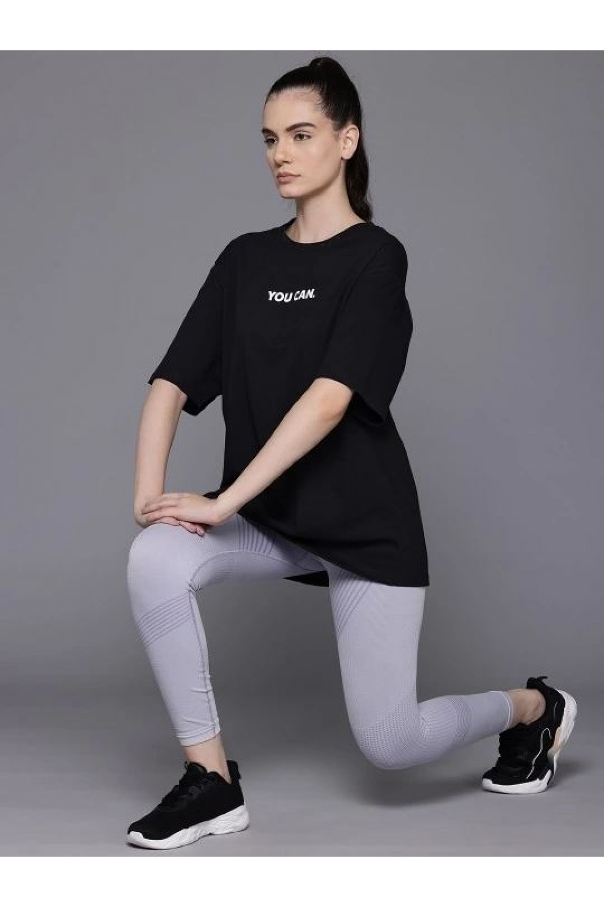 Kadın Baskılı T-Shirt Kısa Kol Bisiklet Yaka Oversize Rahat Kalıp Tişört - Siyah