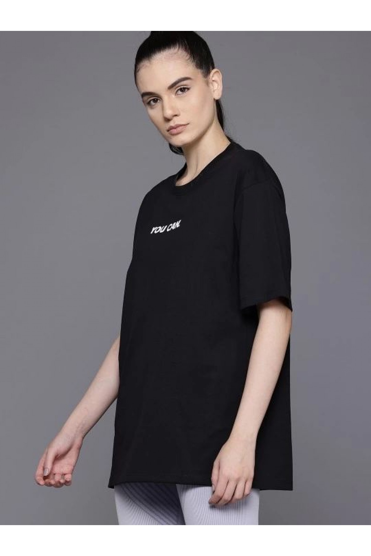 Kadın Baskılı T-Shirt Kısa Kol Bisiklet Yaka Oversize Rahat Kalıp Tişört - Siyah