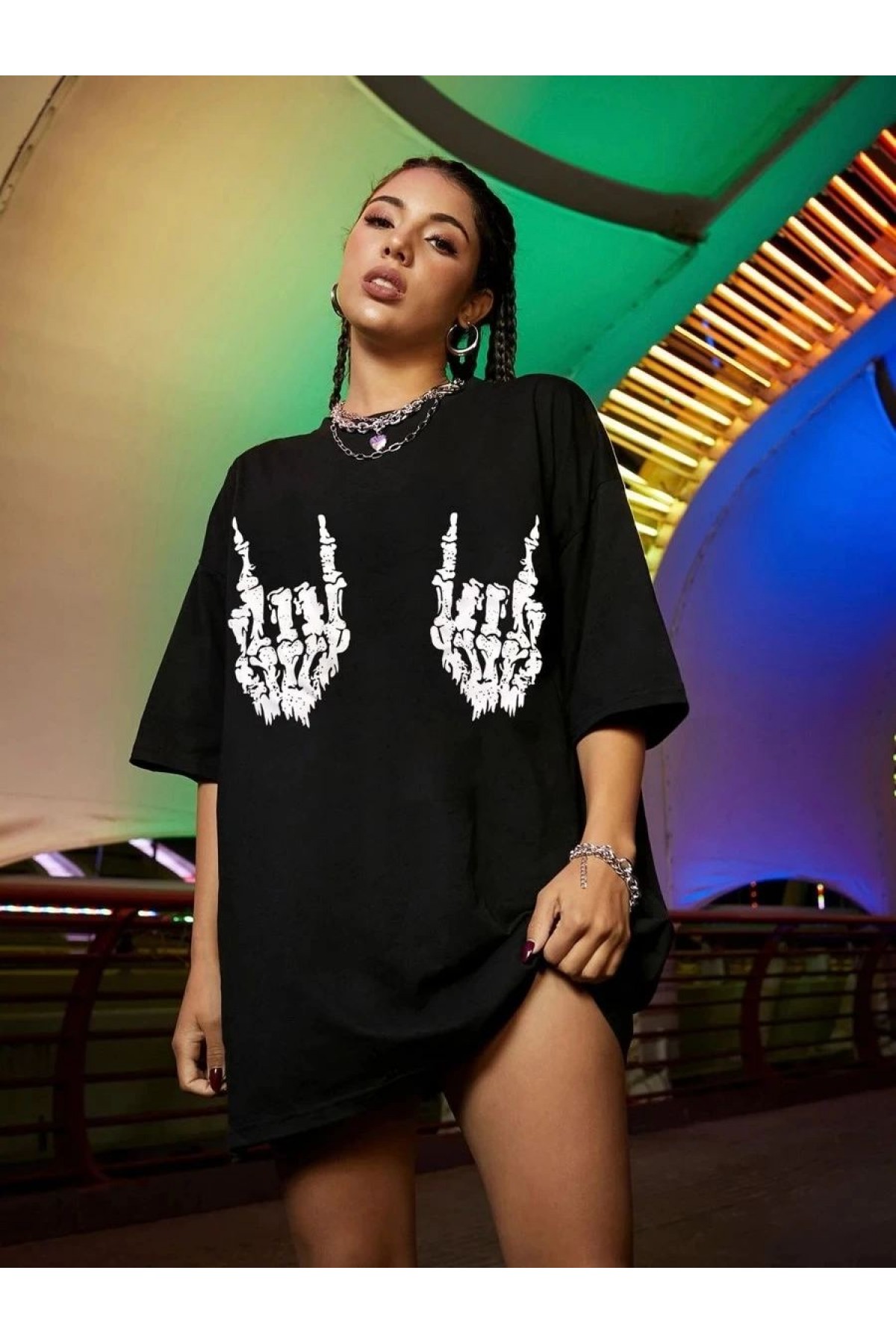 Kadın Baskılı T-Shirt Kısa Kol Bisiklet Yaka Oversize Rahat Kalıp Tişört - Siyah