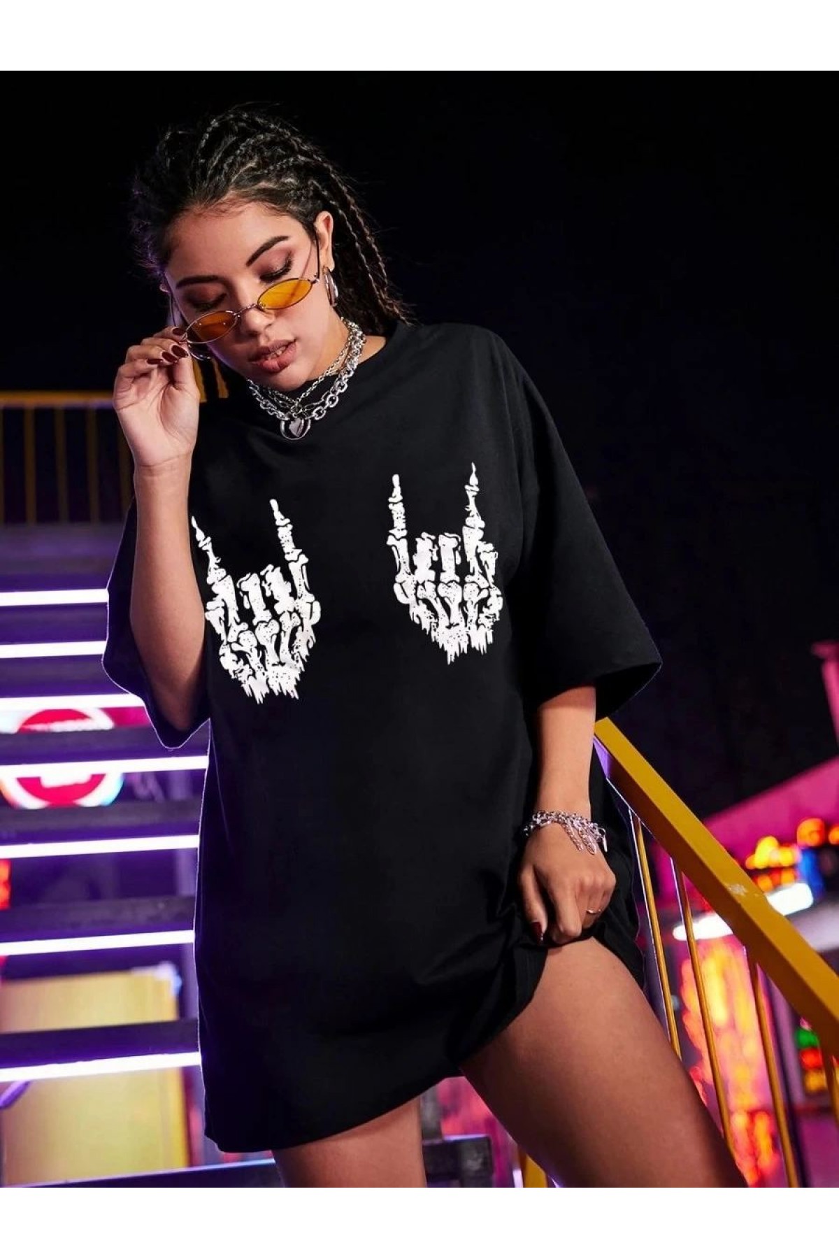 Kadın Baskılı T-Shirt Kısa Kol Bisiklet Yaka Oversize Rahat Kalıp Tişört - Siyah