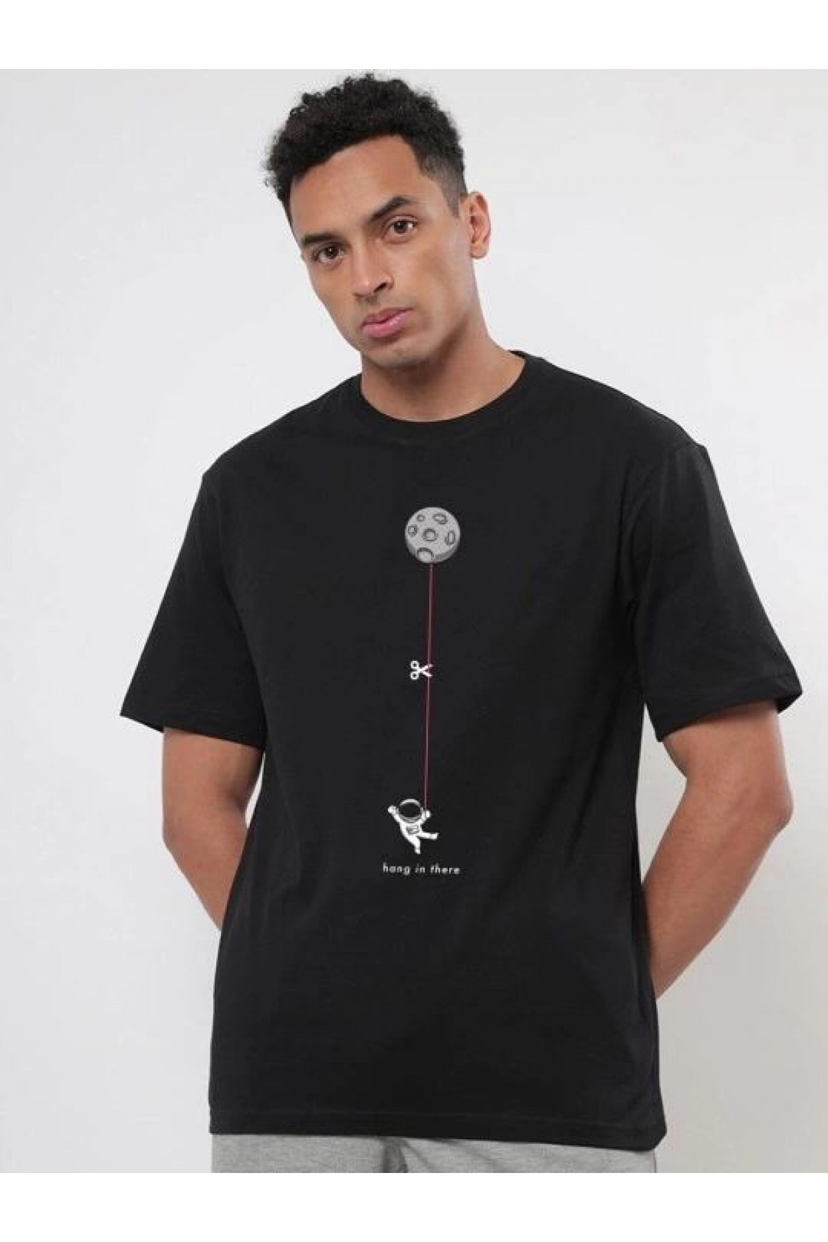 Erkek Baskılı T-Shirt Kısa Kol Bisiklet Yaka Regular Fit Rahat Kalıp Tişört - Siyah