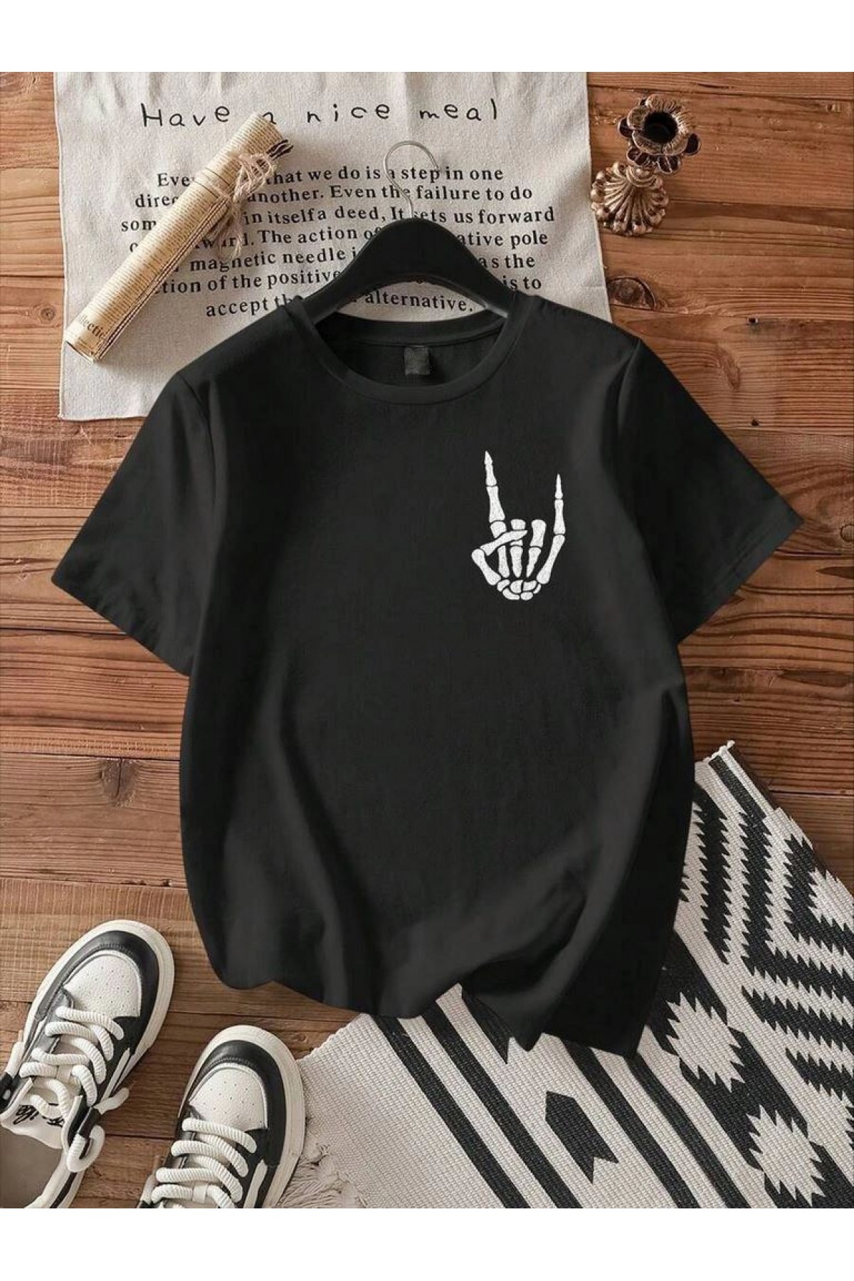 Erkek Baskılı T-Shirt Kısa Kol Bisiklet Yaka Regular Fit Rahat Kalıp Tişört - Siyah