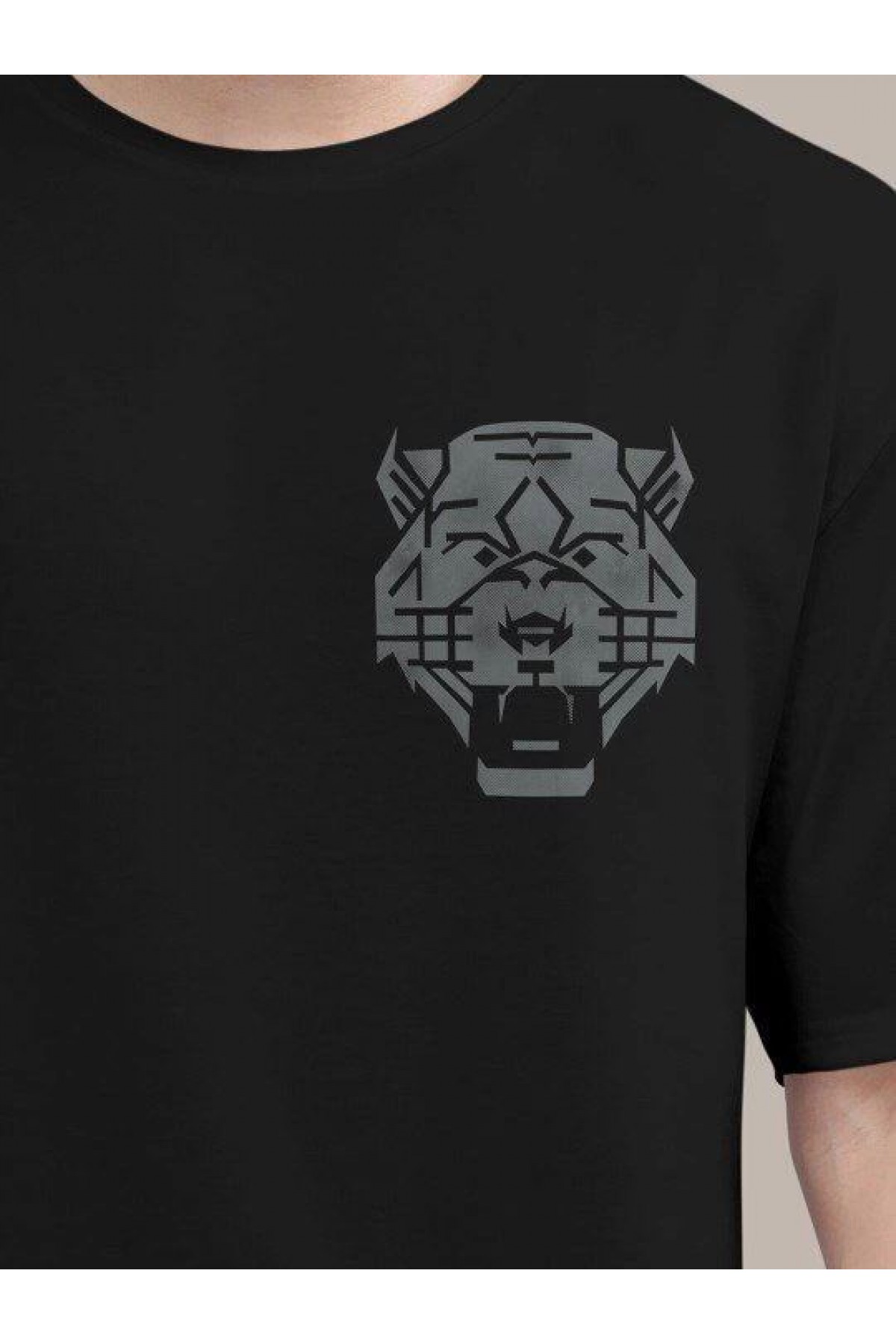 Erkek Kısa Kol Yazlık Tişört Bisiklet Yaka ASLAN Baskılı T-Shirt - Siyah