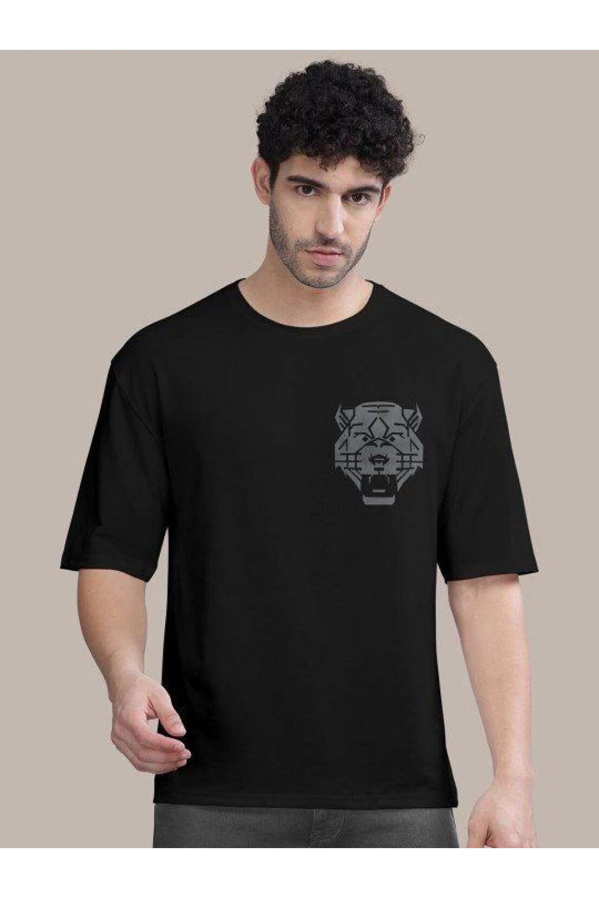 Erkek Kısa Kol Yazlık Tişört Bisiklet Yaka ASLAN Baskılı T-Shirt - Siyah