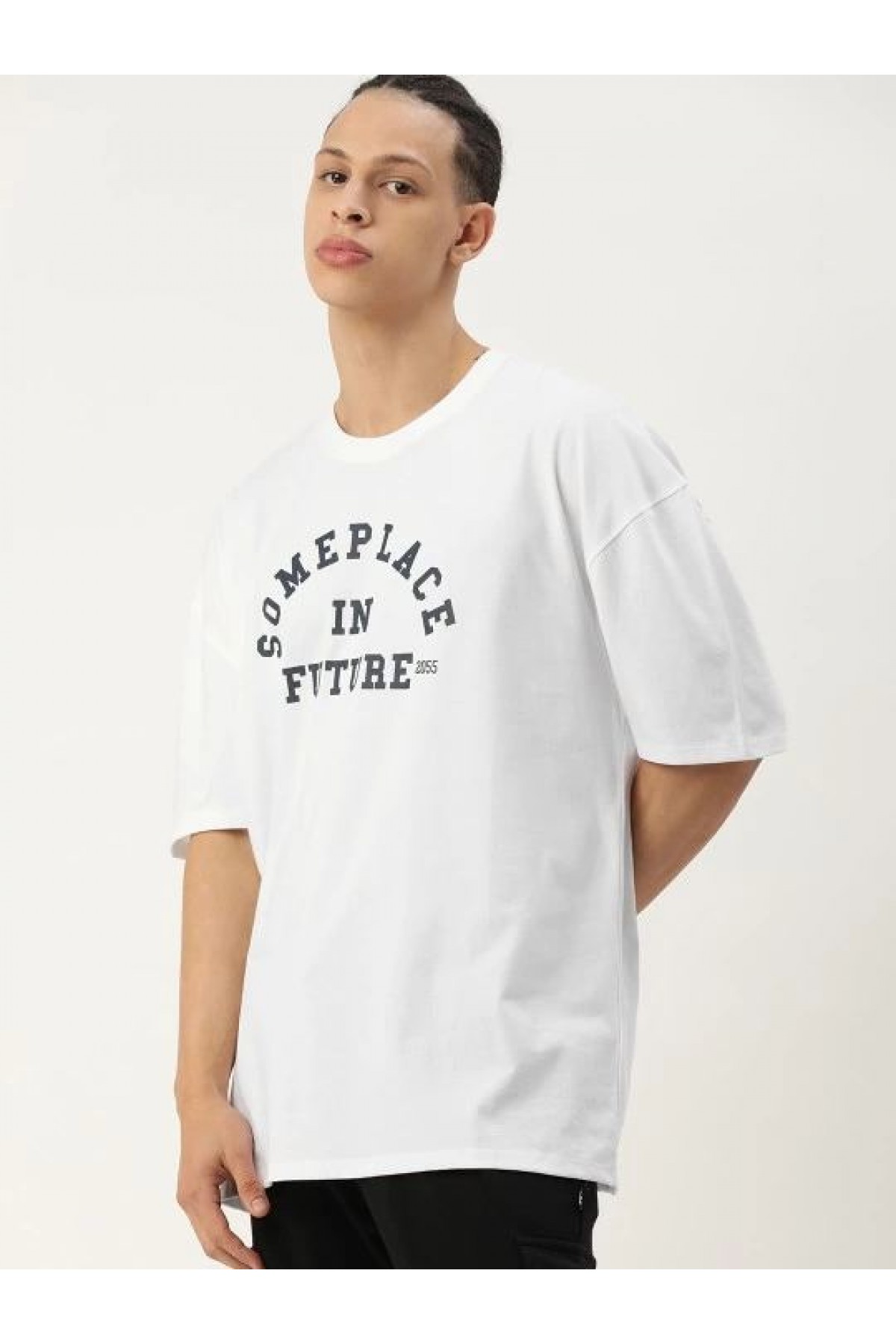 Erkek Kısa Kol Yazlık Tişört Bisiklet Yaka Baskılı Oversize T-Shirt - Beyaz