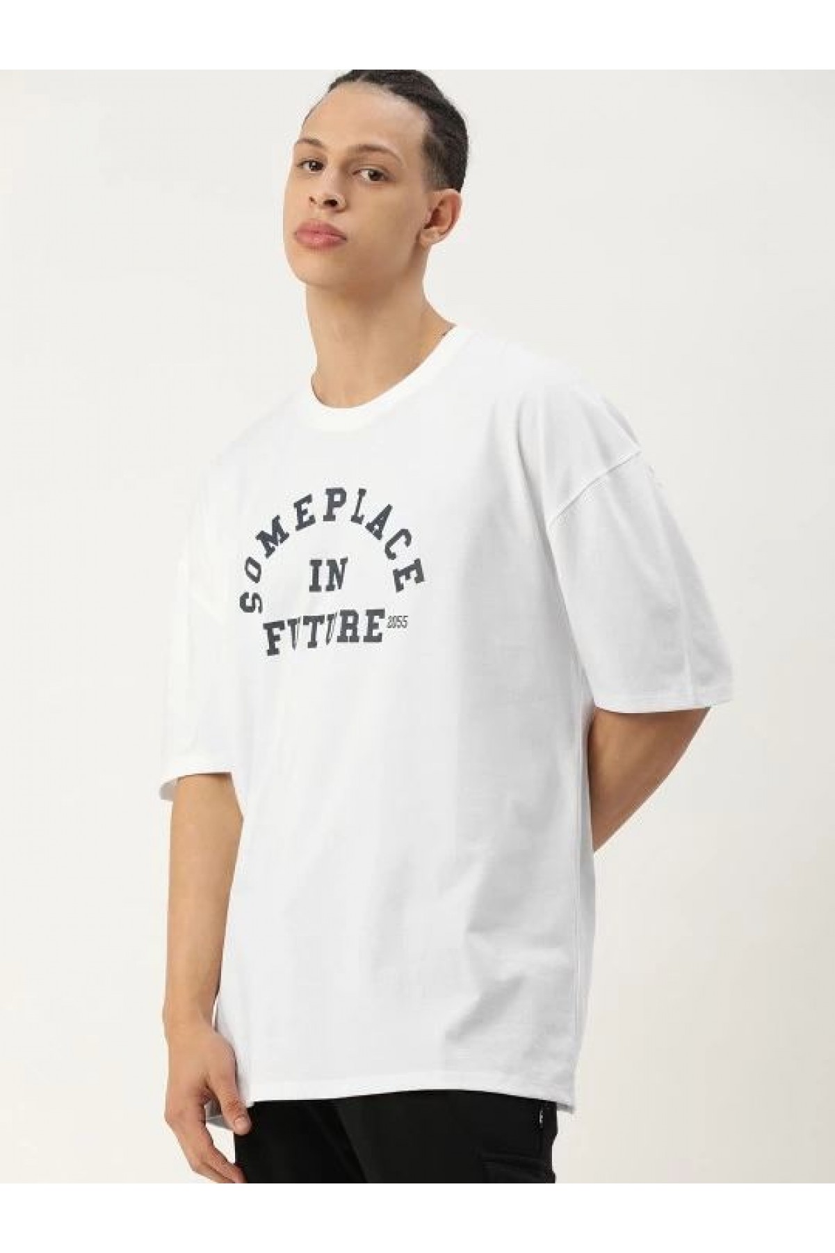 Erkek Kısa Kol Yazlık Tişört Bisiklet Yaka Baskılı Oversize T-Shirt - Beyaz