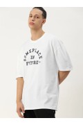 Erkek Kısa Kol Yazlık Tişört Bisiklet Yaka Baskılı Oversize T-Shirt - Beyaz
