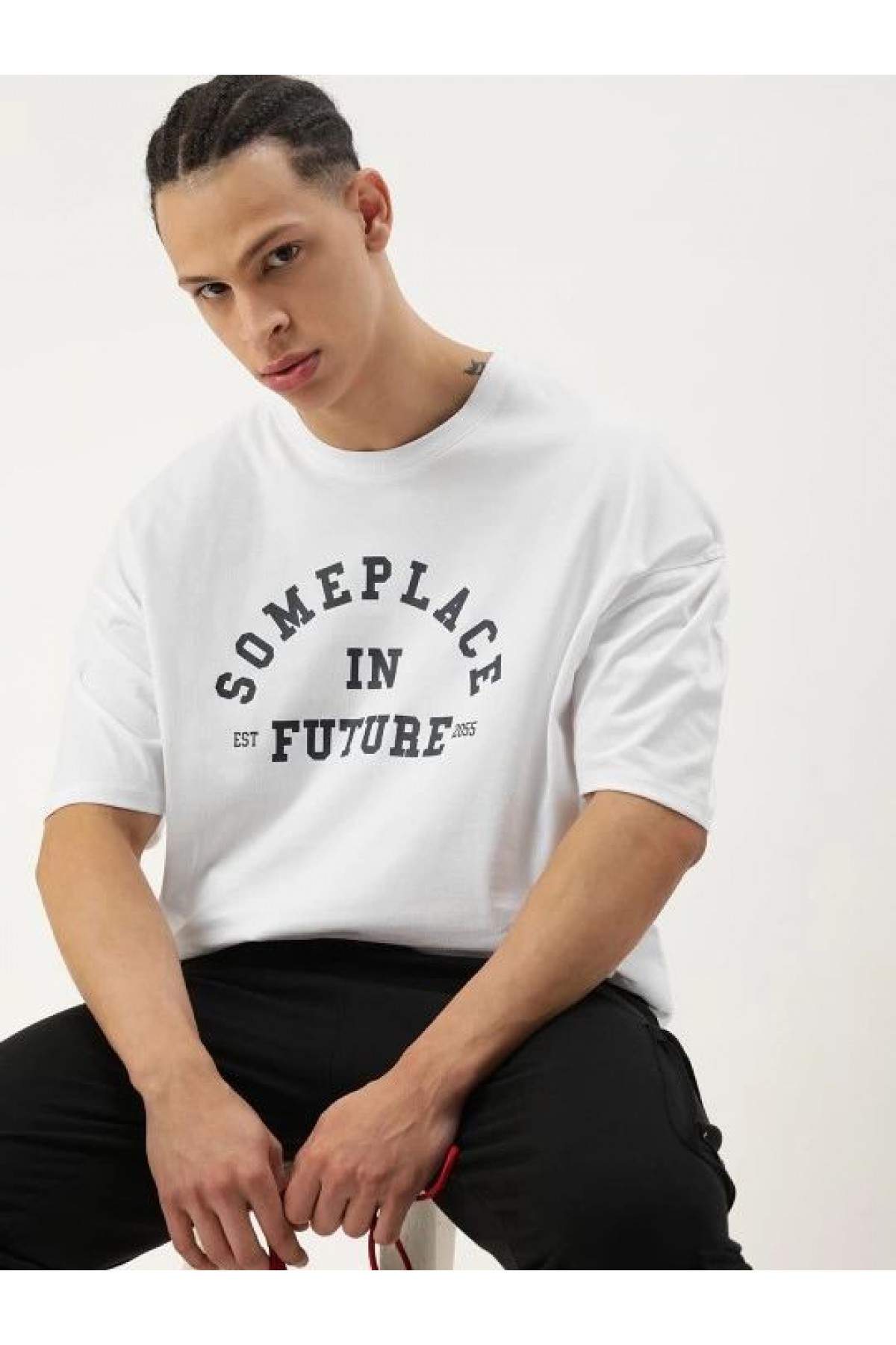 Erkek Kısa Kol Yazlık Tişört Bisiklet Yaka Baskılı Oversize T-Shirt - Beyaz