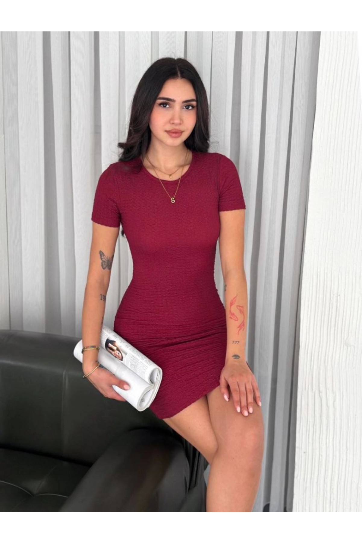 Kadın Bisiklet Yaka Kısa Kol Likralı Elbise - Bordo