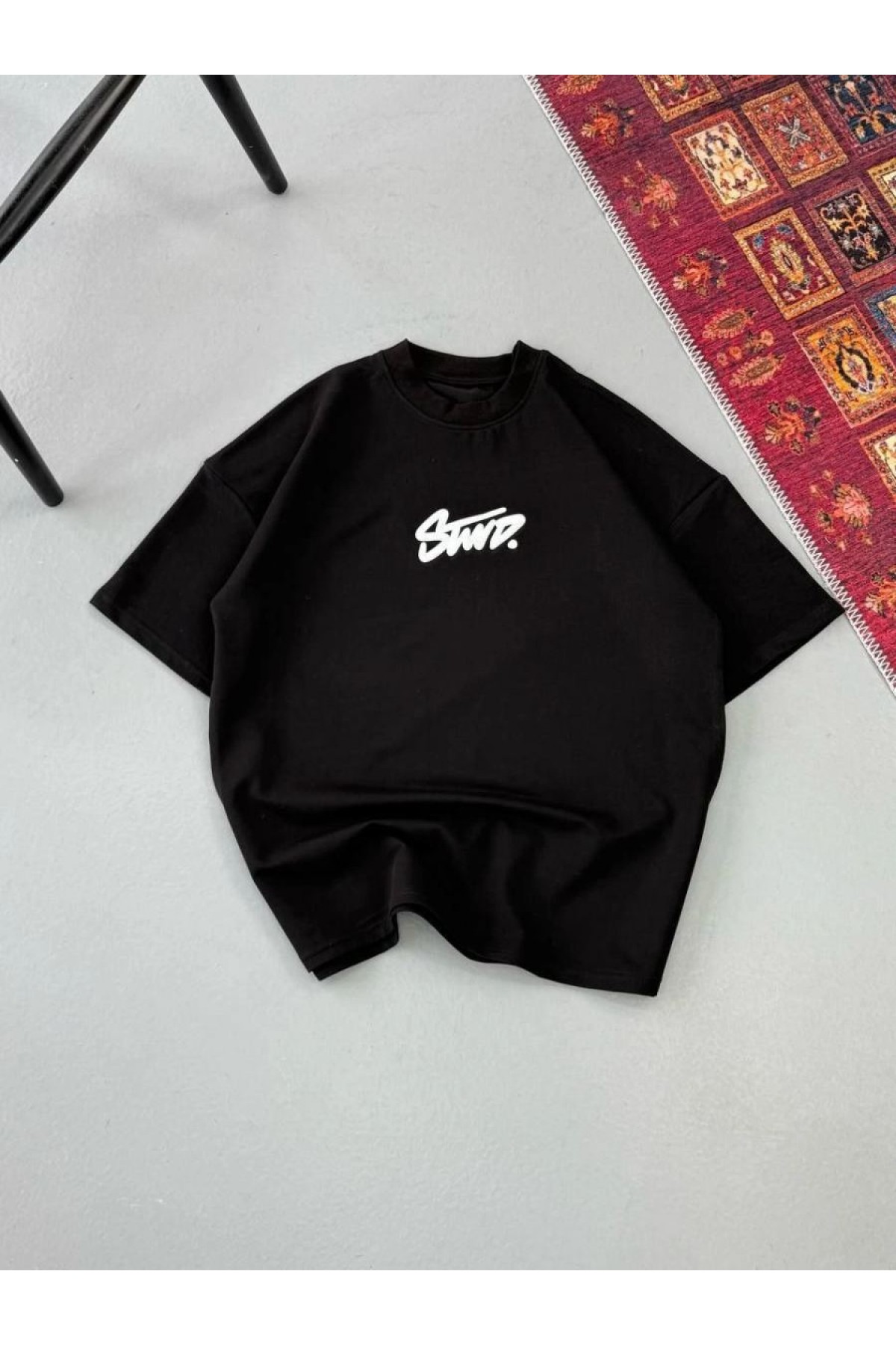 Erkek Kısa Kol Yazlık Tişört Bisiklet Yaka Baskılı Oversize T-Shirt - Siyah