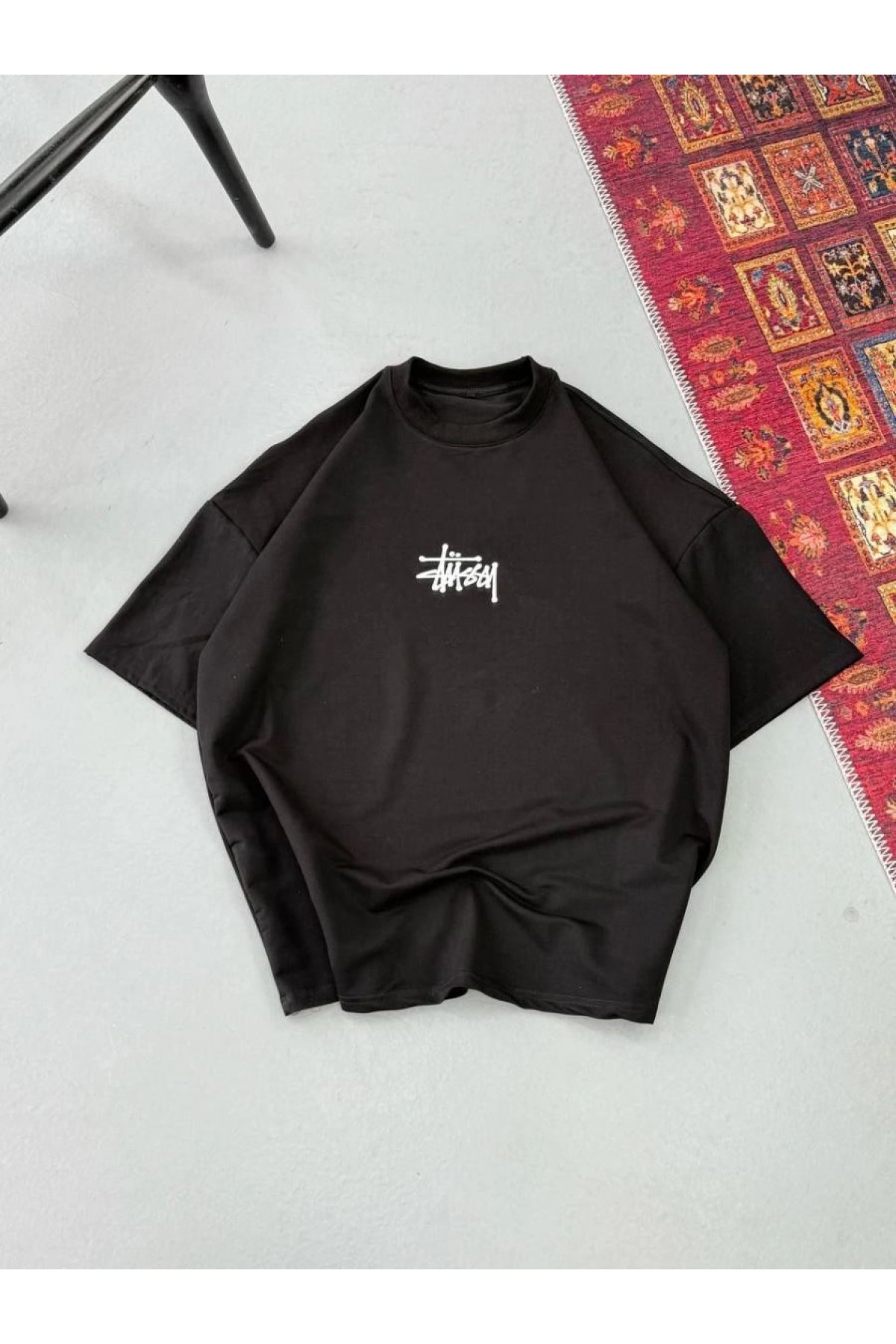 Erkek Kısa Kol Yazlık Tişört Bisiklet Yaka Baskılı Oversize T-Shirt - Siyah