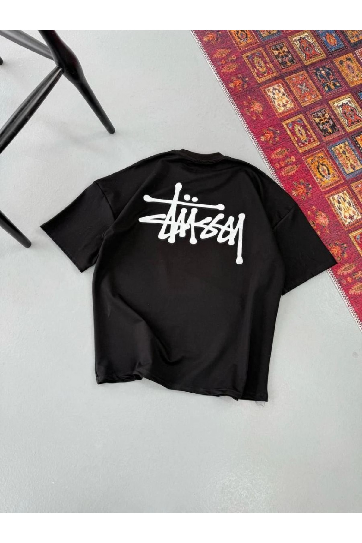 Erkek Kısa Kol Yazlık Tişört Bisiklet Yaka Baskılı Oversize T-Shirt - Siyah