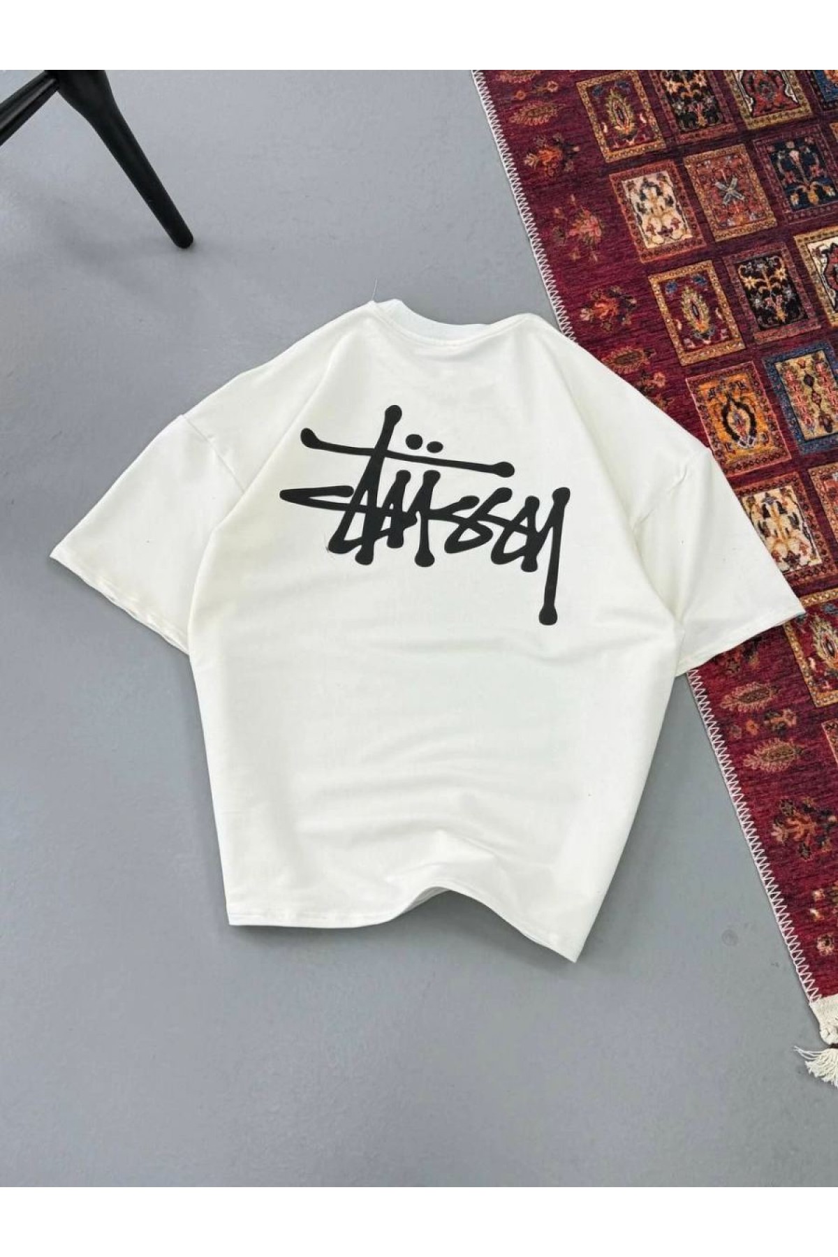 Erkek Kısa Kol Yazlık Tişört Bisiklet Yaka Baskılı Oversize T-Shirt - Beyaz