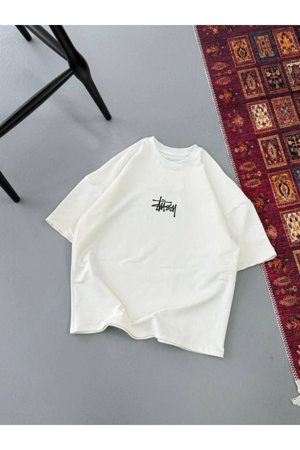 Erkek Kısa Kol Yazlık Tişört Bisiklet Yaka Baskılı Oversize T-Shirt - Beyaz