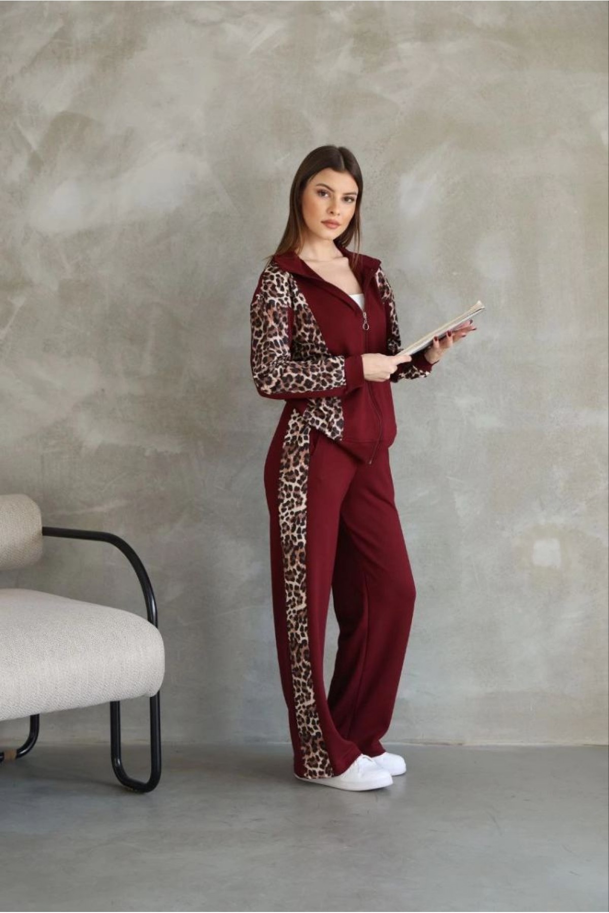 Kadın Osy Modal Yumuşak Dokulu Kapüşonlu Leopar Desenli Fermuarlı Takım - Bordo