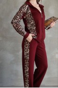 Kadın Osy Modal Yumuşak Dokulu Kapüşonlu Leopar Desenli Fermuarlı Takım - Bordo