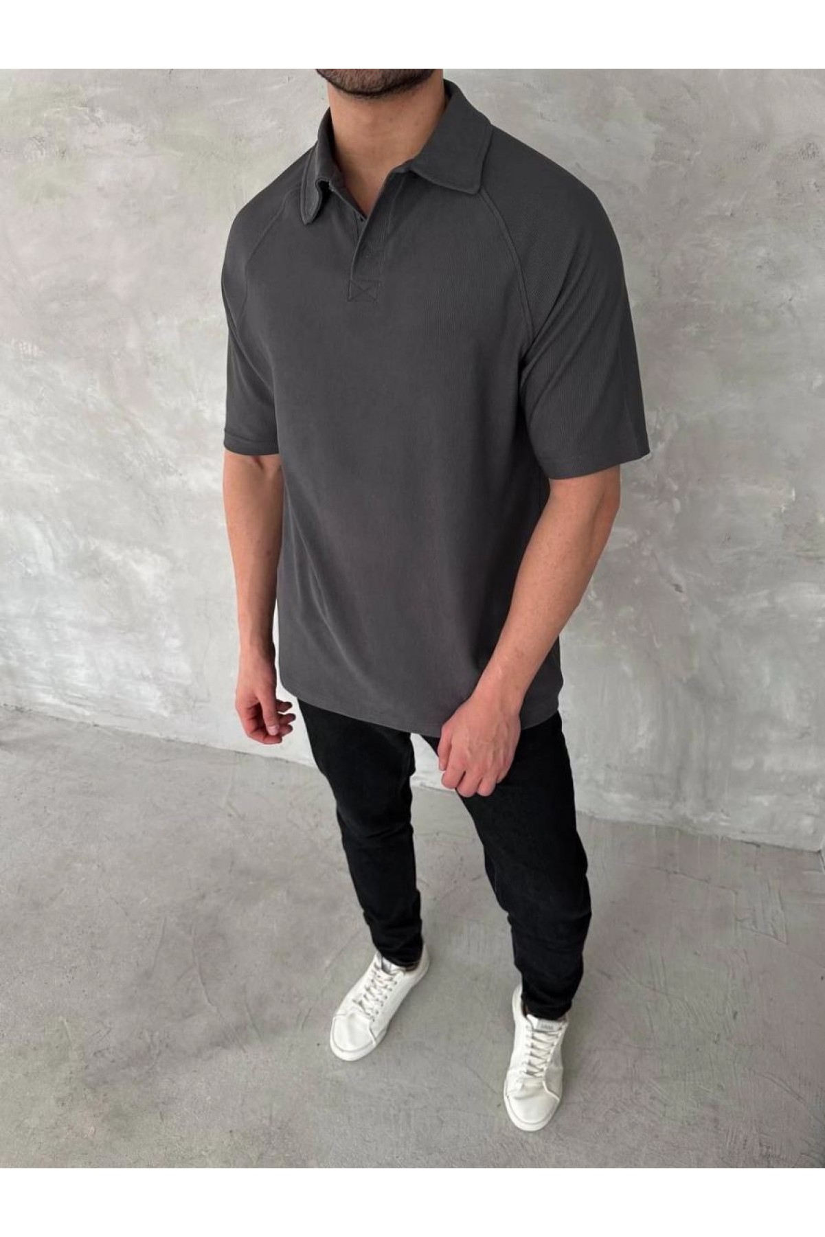Erkek Polo Yaka Tişört Patlı Kısa Kol Yazlık T-shirt - Antrasit