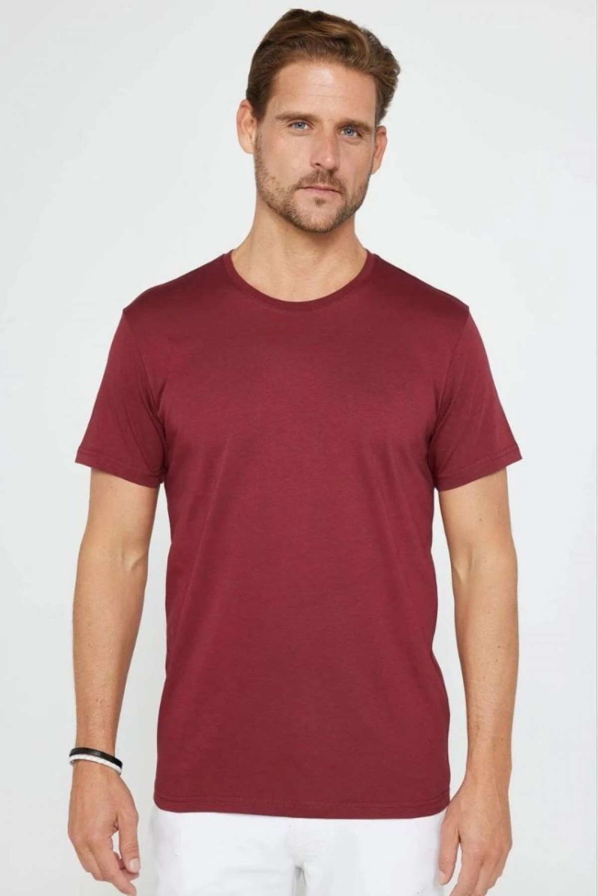 Erkek Düz Bisiklet Yaka Tişört Kısa Kol Yazlık T-Shirt -  Bordo