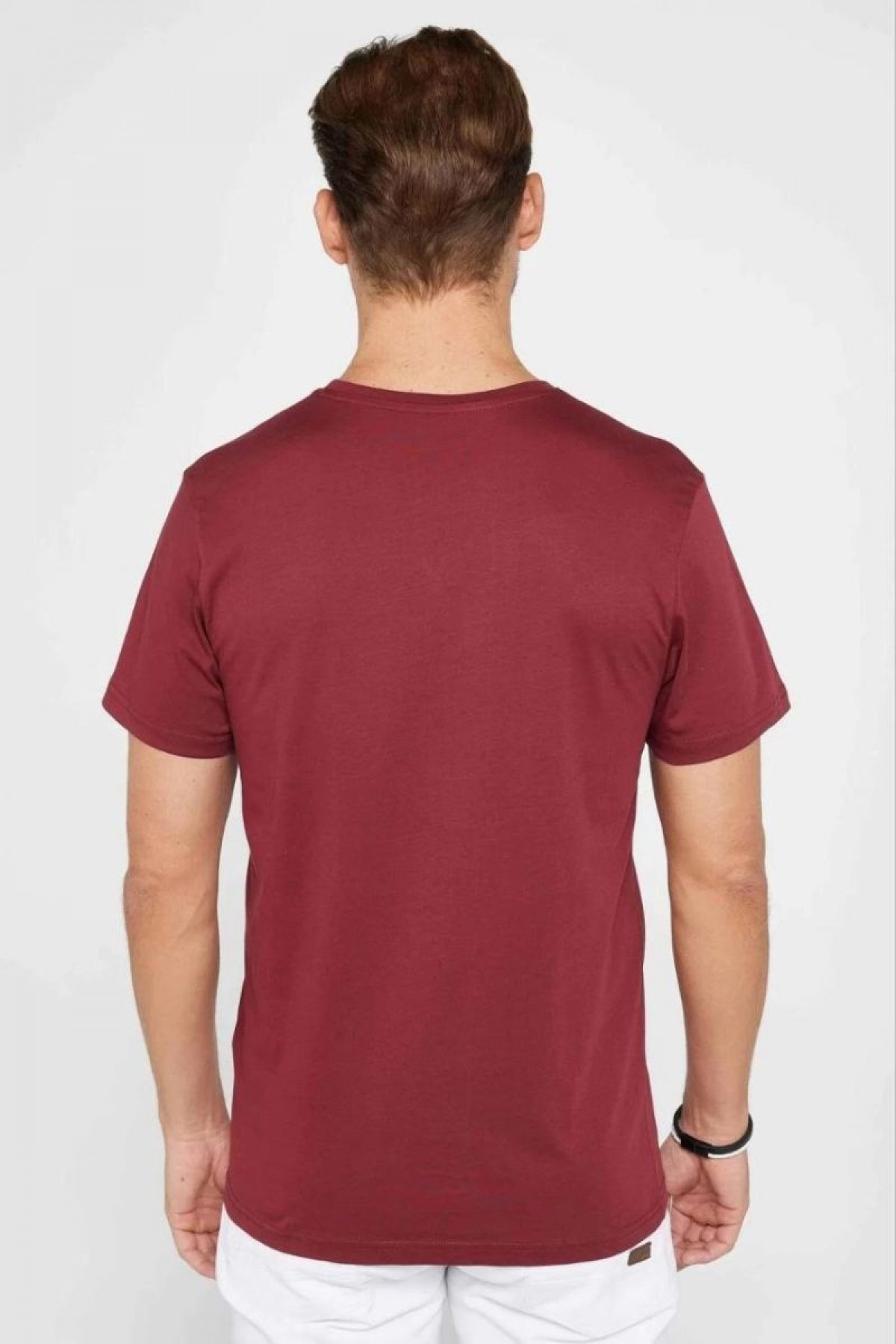 Erkek Düz Bisiklet Yaka Tişört Kısa Kol Yazlık T-Shirt -  Bordo