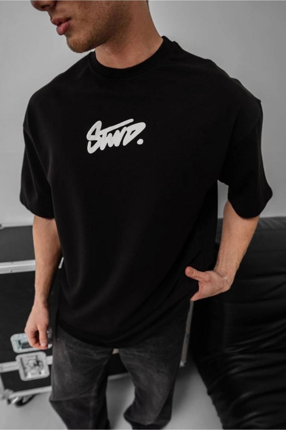 Erkek Kısa Kol Yazlık Tişört Bisiklet Yaka Baskılı Oversize T-Shirt - Siyah