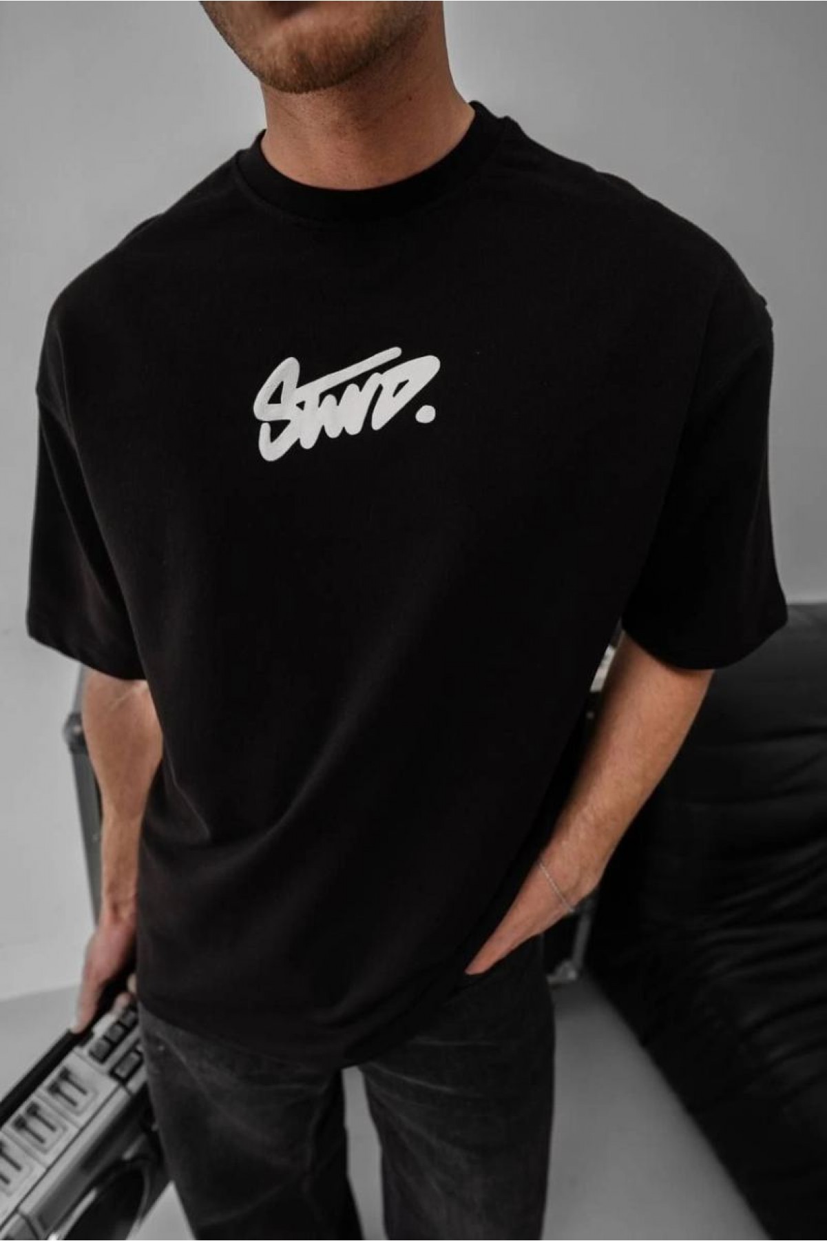 Erkek Kısa Kol Yazlık Tişört Bisiklet Yaka Baskılı Oversize T-Shirt - Siyah
