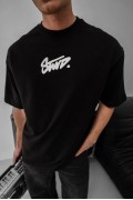 Erkek Kısa Kol Yazlık Tişört Bisiklet Yaka Baskılı Oversize T-Shirt - Siyah