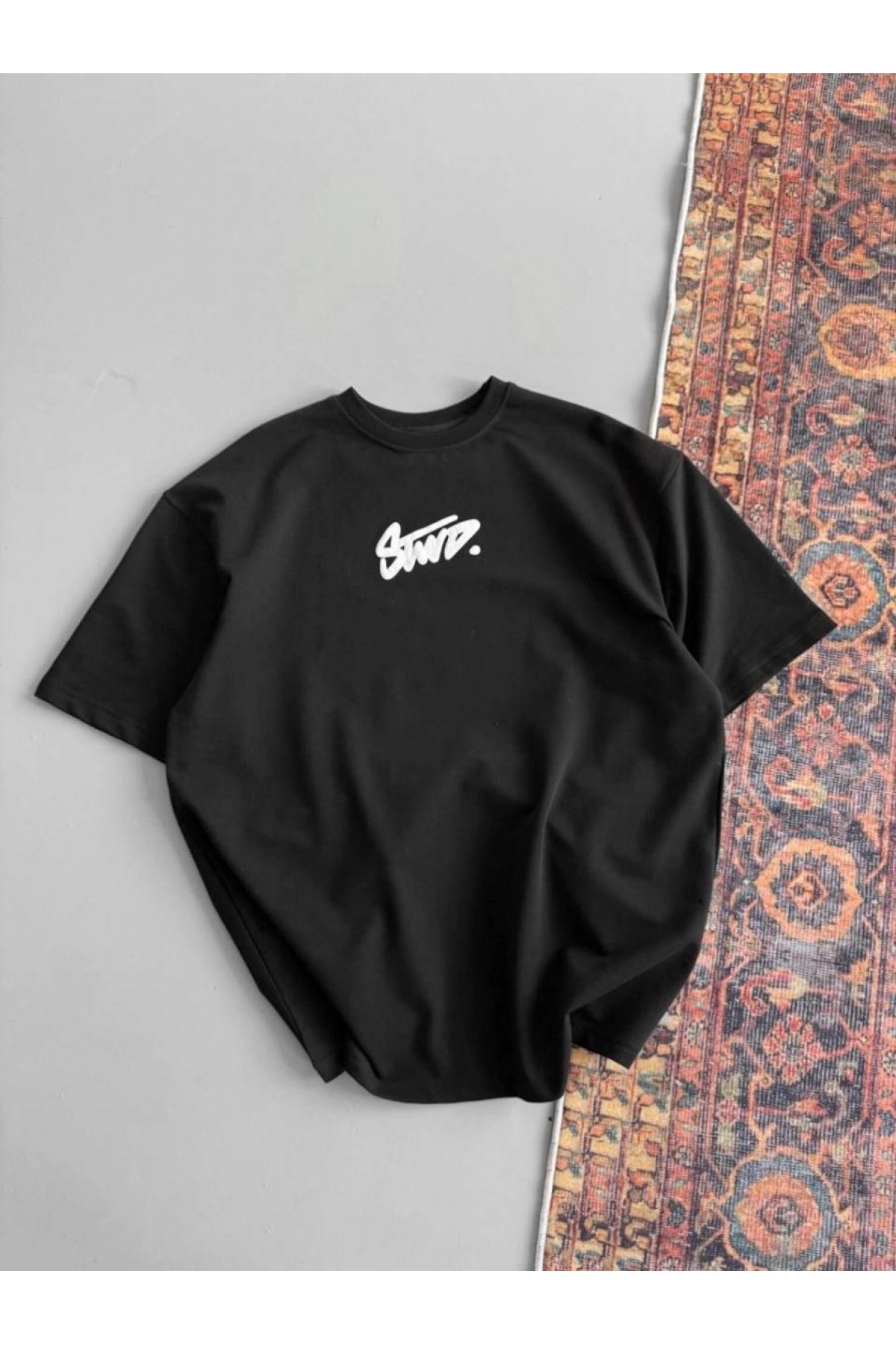Kadın Yazlık Bisiklet Yaka Baskılı Regular Fit Tişört Kısa Kol T-Shirt - Siyah