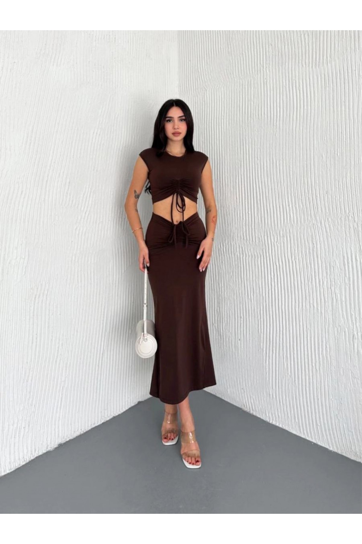 Osy Modal Yumuşak Dokulu Kumaş Büzgülü Crop Etek Takım -Kahverengi