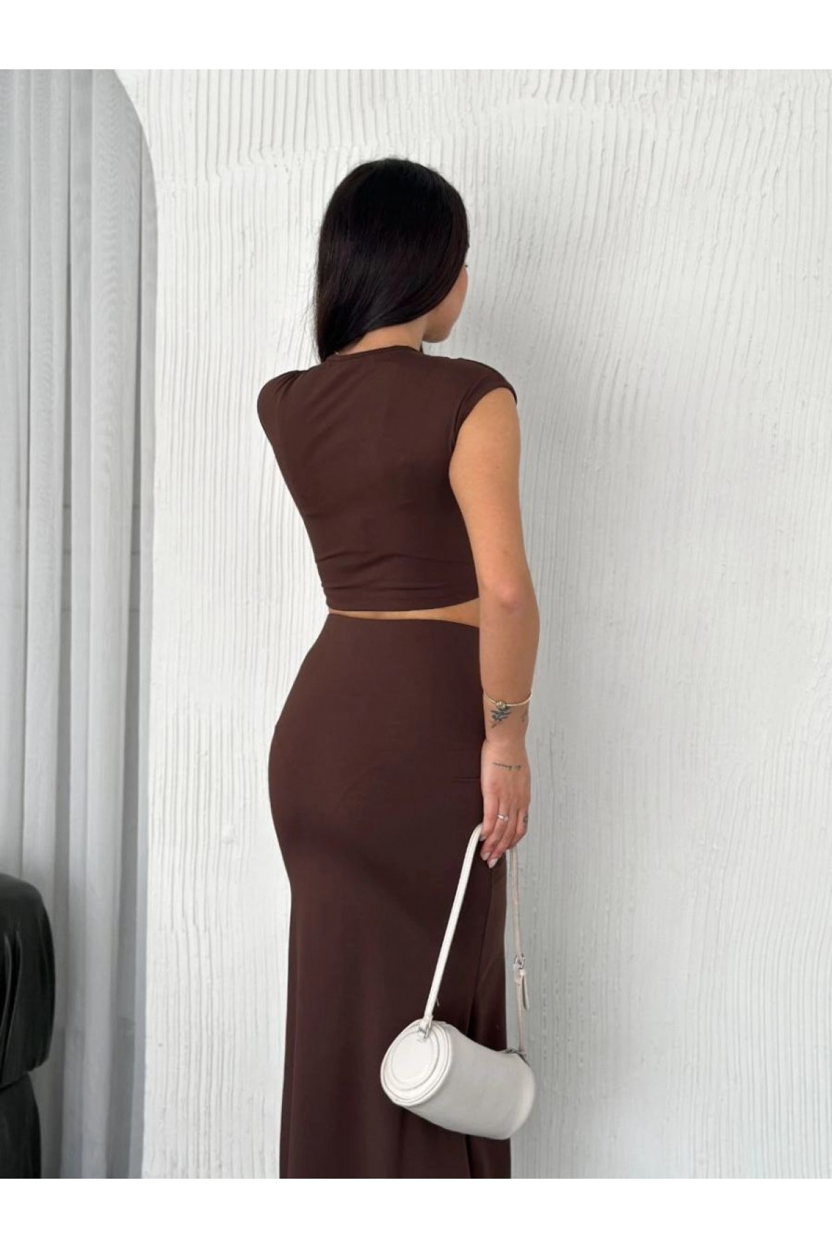 Osy Modal Yumuşak Dokulu Kumaş Büzgülü Crop Etek Takım -Kahverengi