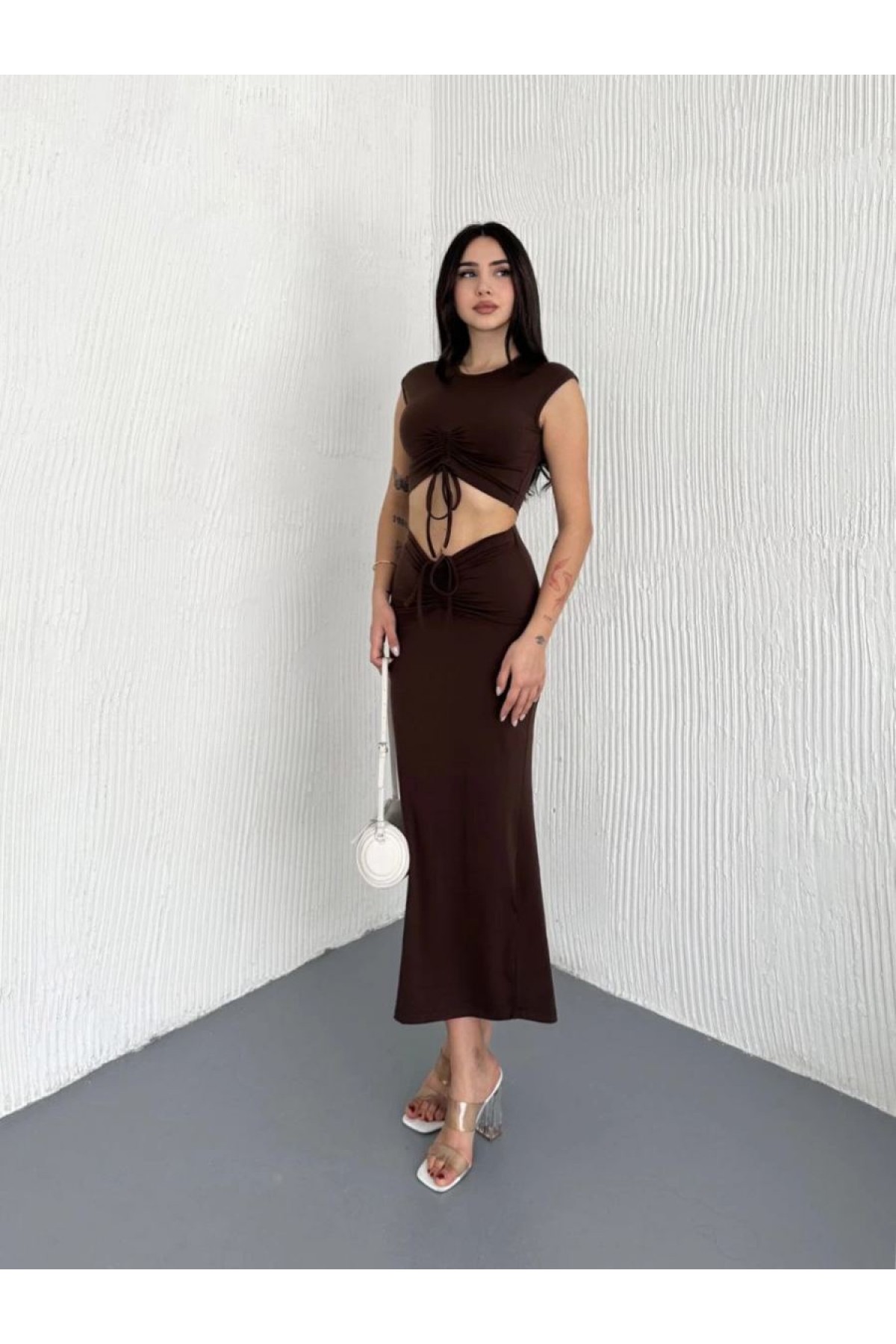Osy Modal Yumuşak Dokulu Kumaş Büzgülü Crop Etek Takım -Kahverengi