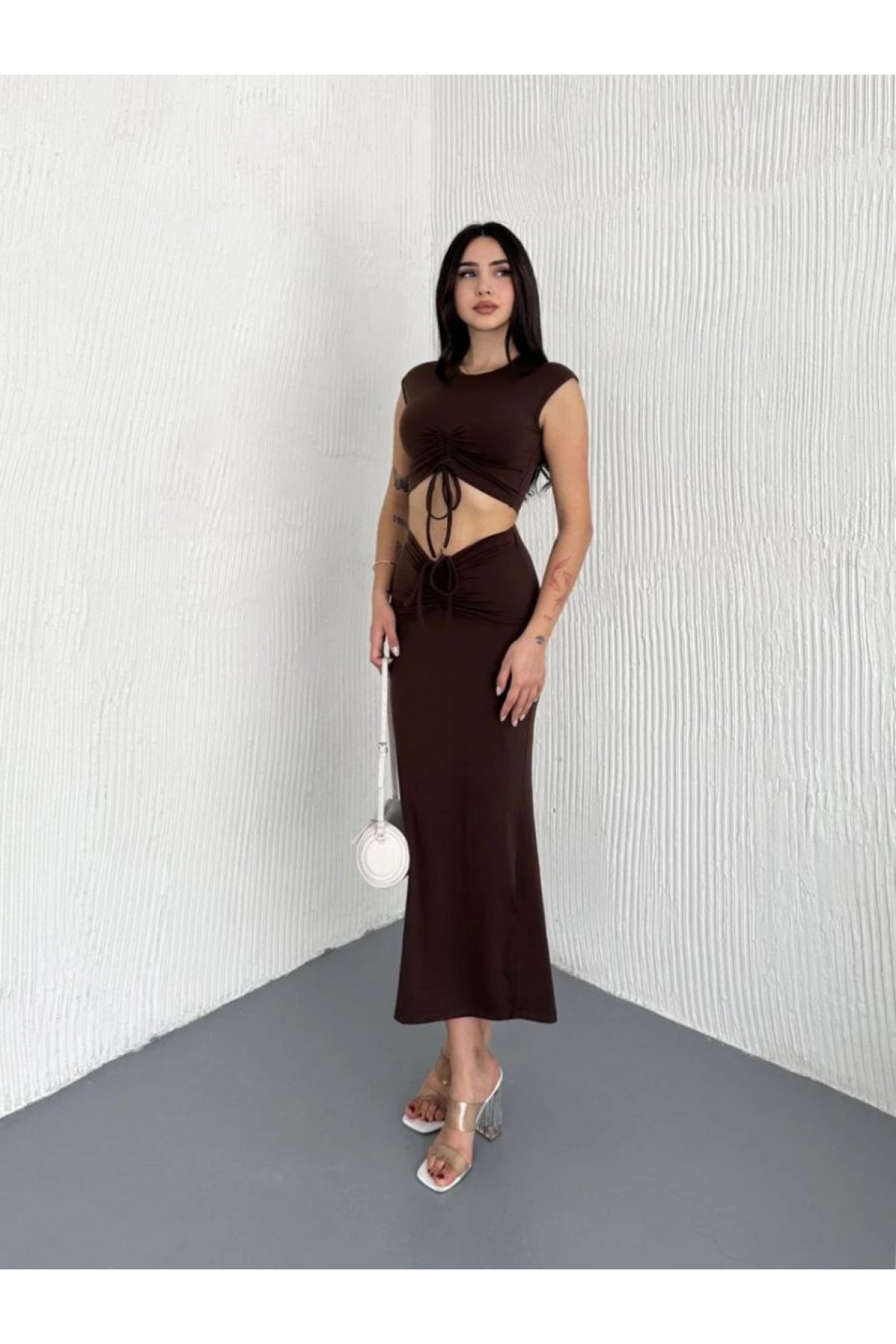 Osy Modal Yumuşak Dokulu Kumaş Büzgülü Crop Etek Takım -Kahverengi