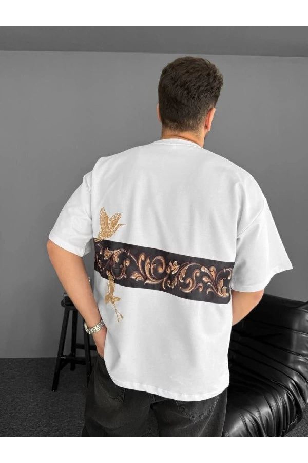Erkek T-Shirt Ön ve Arka Baskılı Oversize Bisiklet Yaka tişort - Beyaz