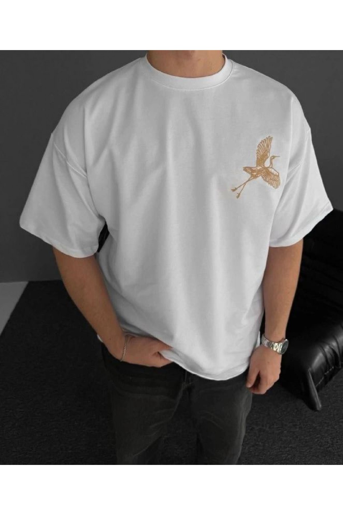 Erkek T-Shirt Ön ve Arka Baskılı Oversize Bisiklet Yaka tişort - Beyaz